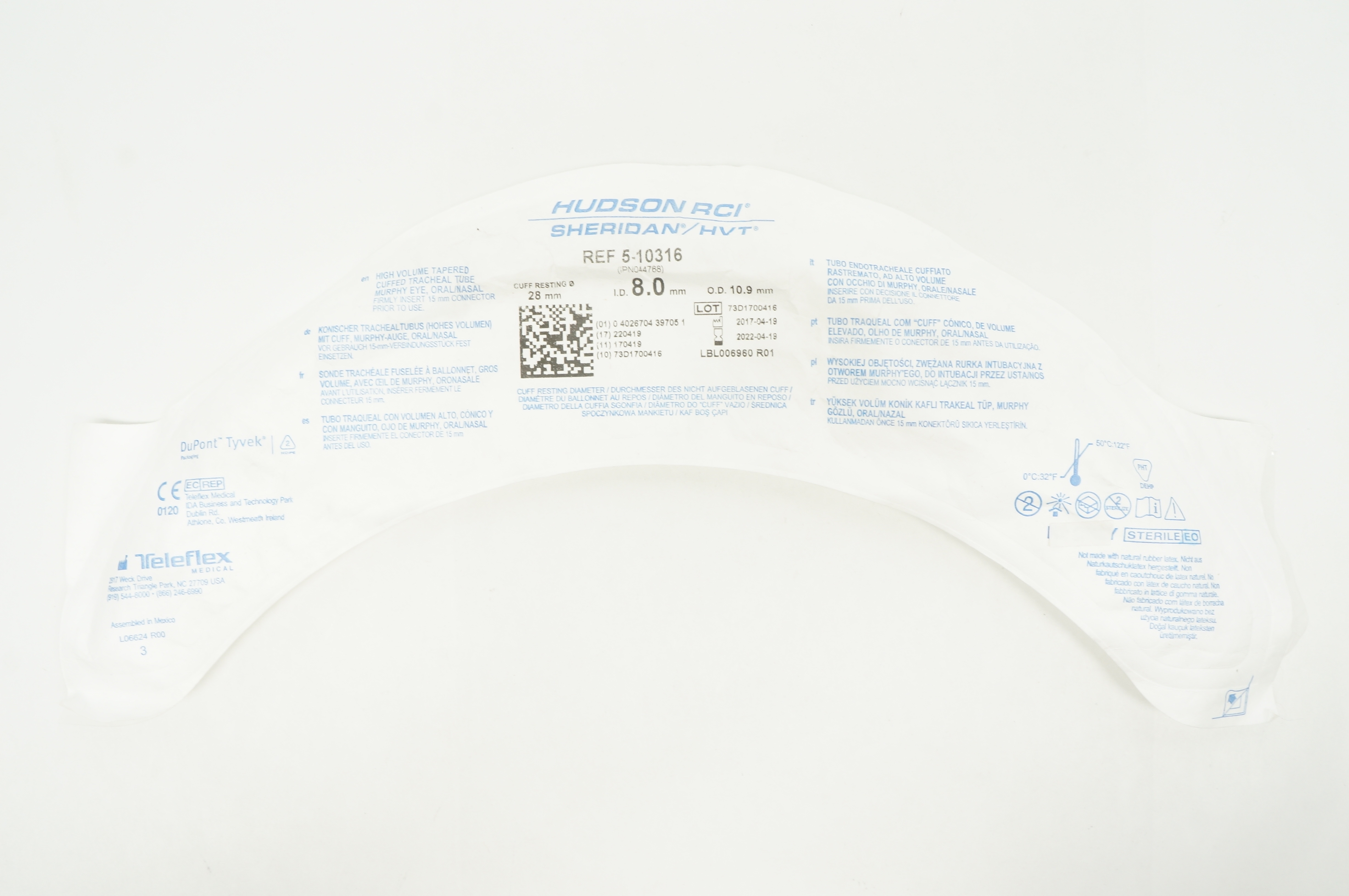 Teleflex 5-10316 Hudson RCI Sheridan HVT Cuffed Tracheal Tube 8.0 x 10.9 x 28mm