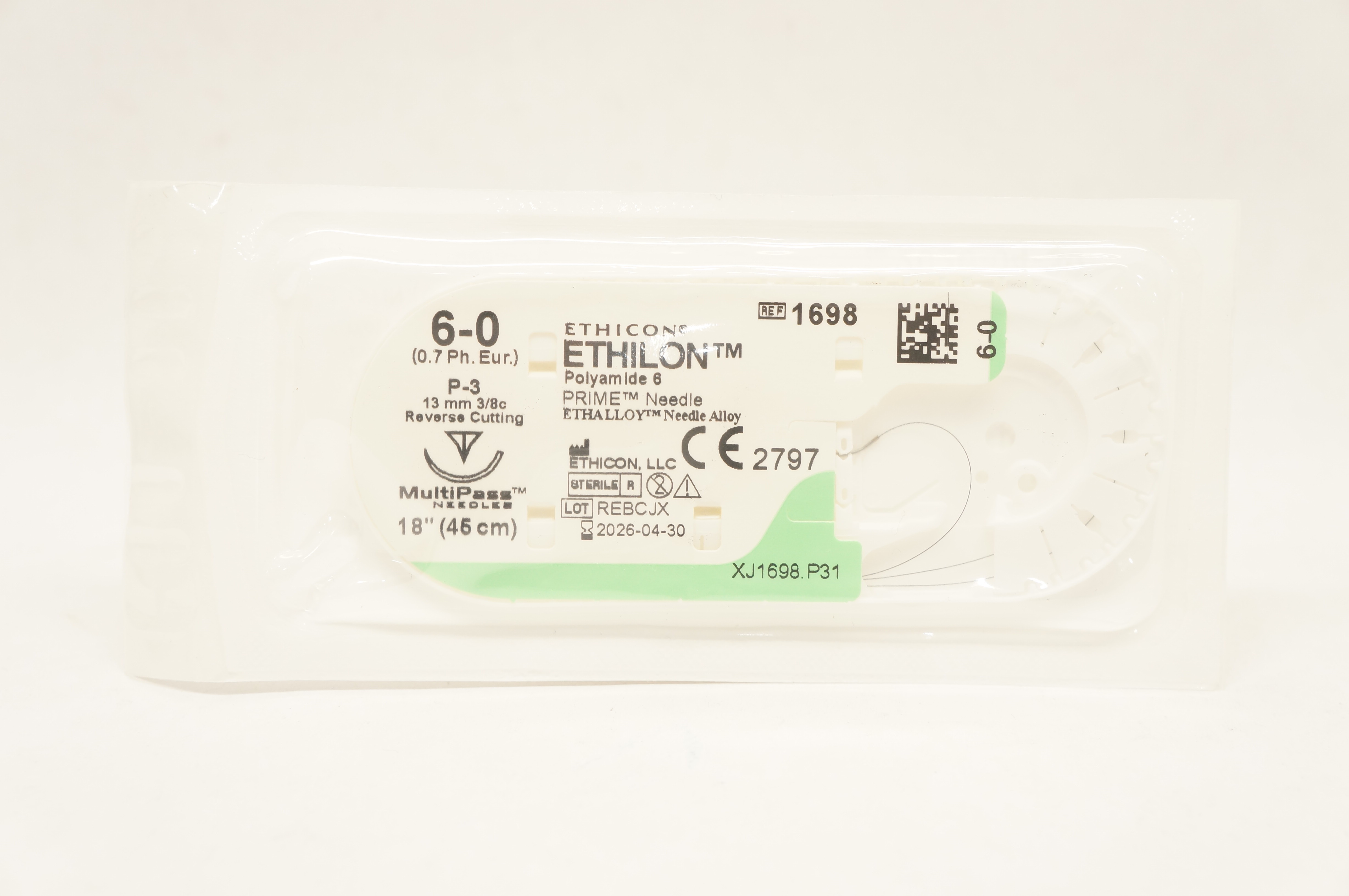 Ethicon 1698 6-0 Ethilon Polyamide 6 Stre P-3 13mm 3/8c Reverse Cutting, 18inch