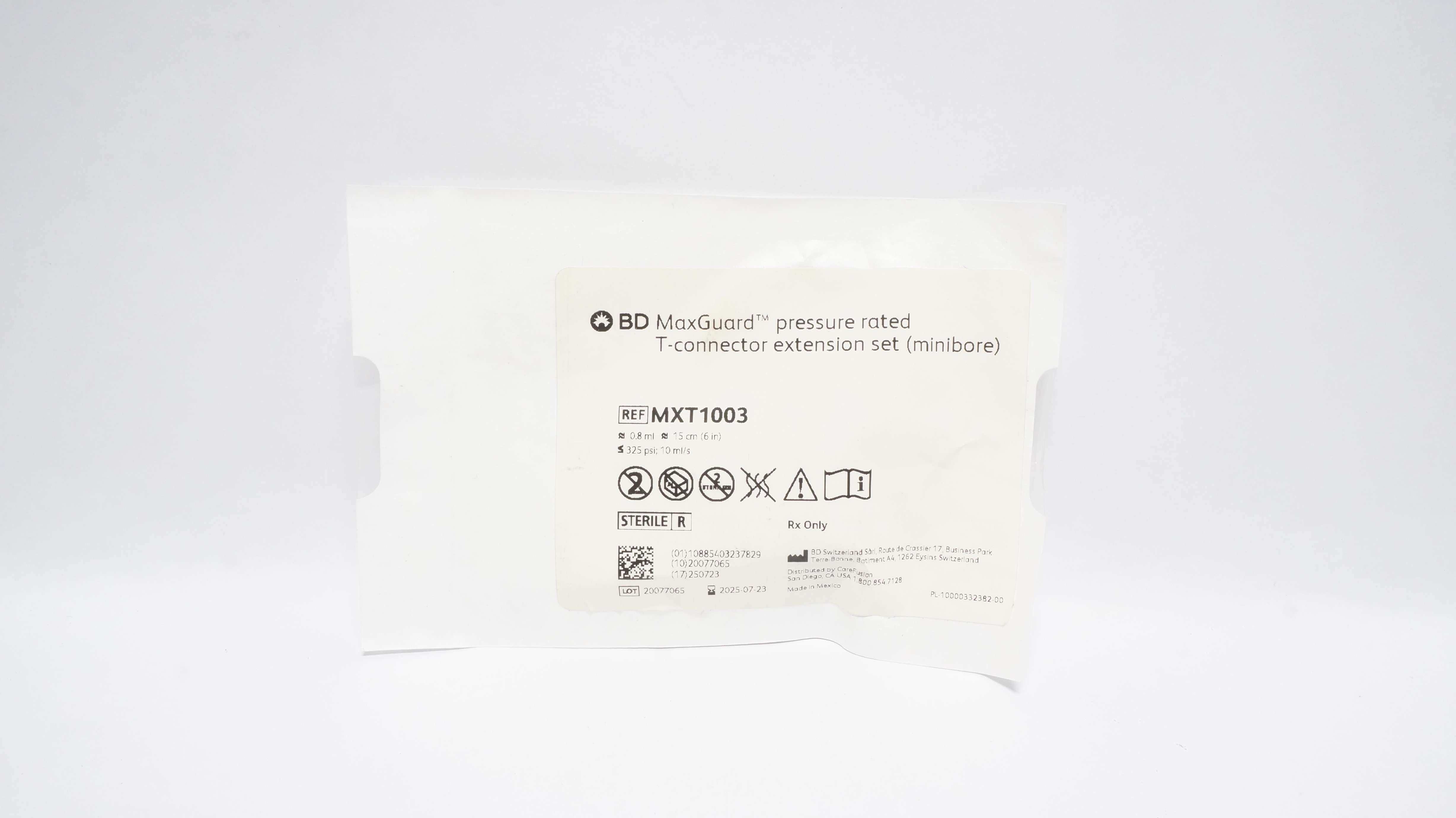 BD MXT1003 MaxGuard Pressure Rated T-Connector Extension Set ≈0.8ml ≈6 in (x)