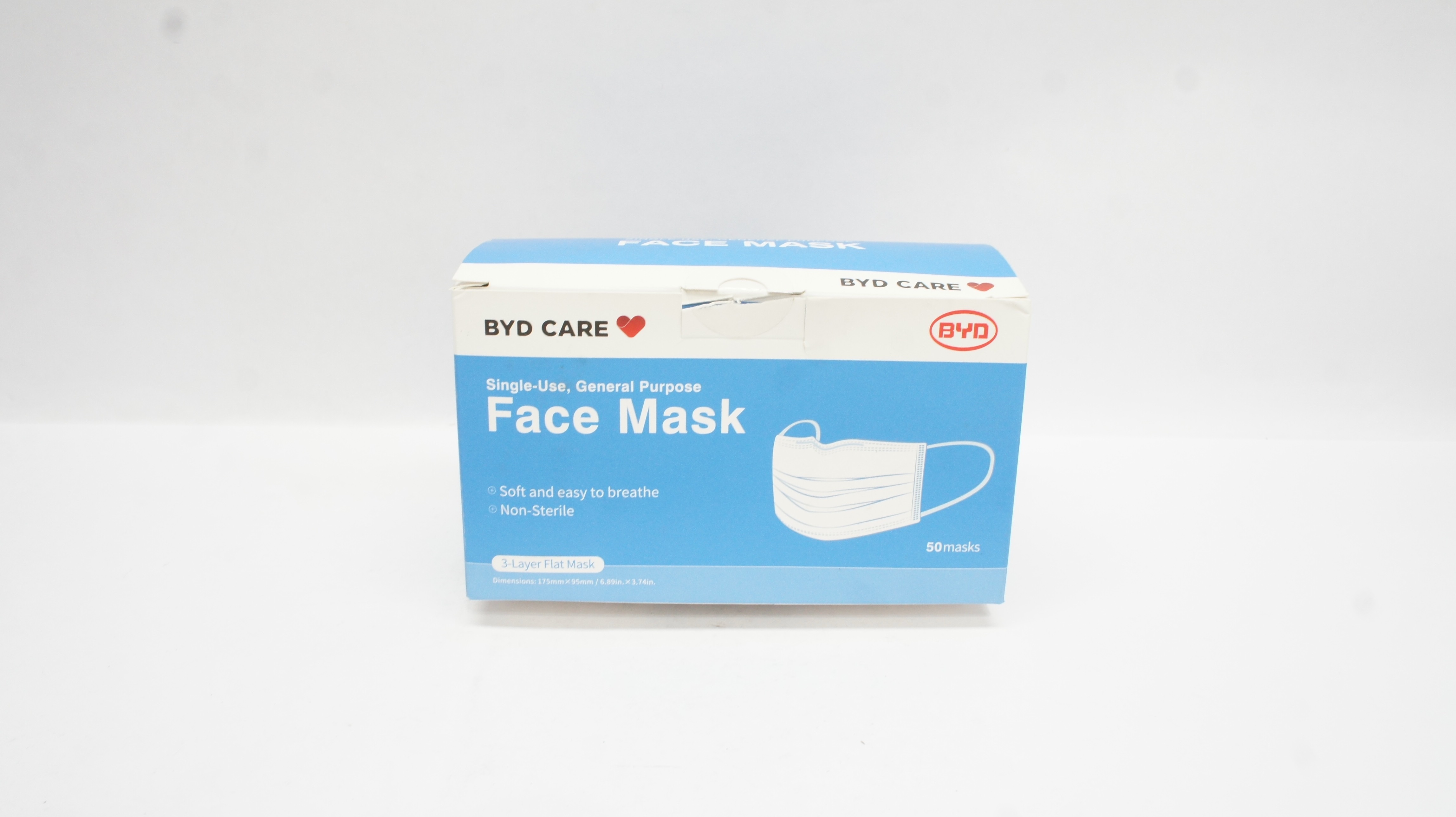 BYD Care 14683 Single-Use 3-Layer Face Flat Mask 6.89 x 3.74inch (x) - Box of 50