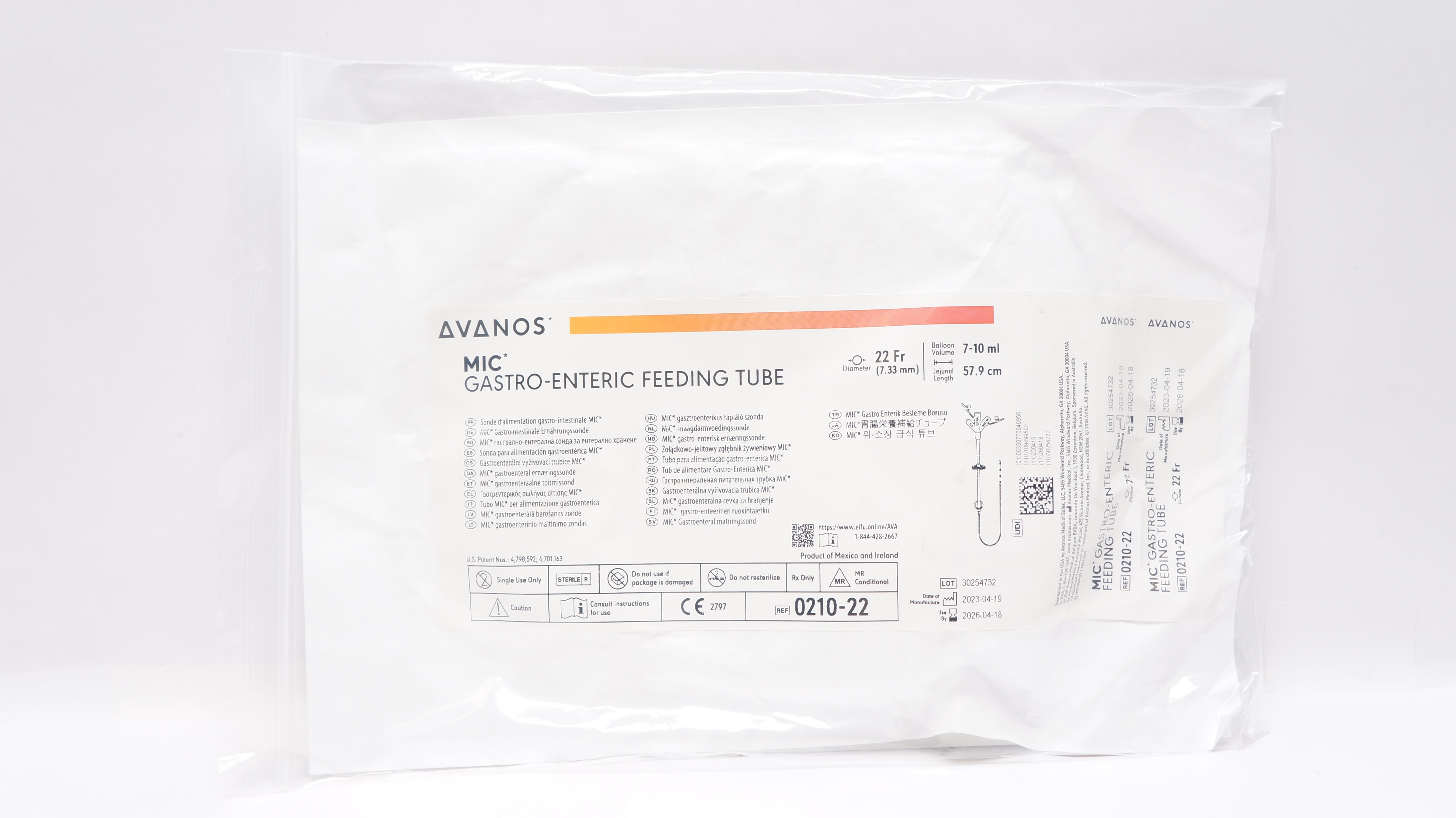 Avanos 0210-22 MIC Gastro-Enteric Feeding Tube, 22Fr x 57.9cm 7-10 ml