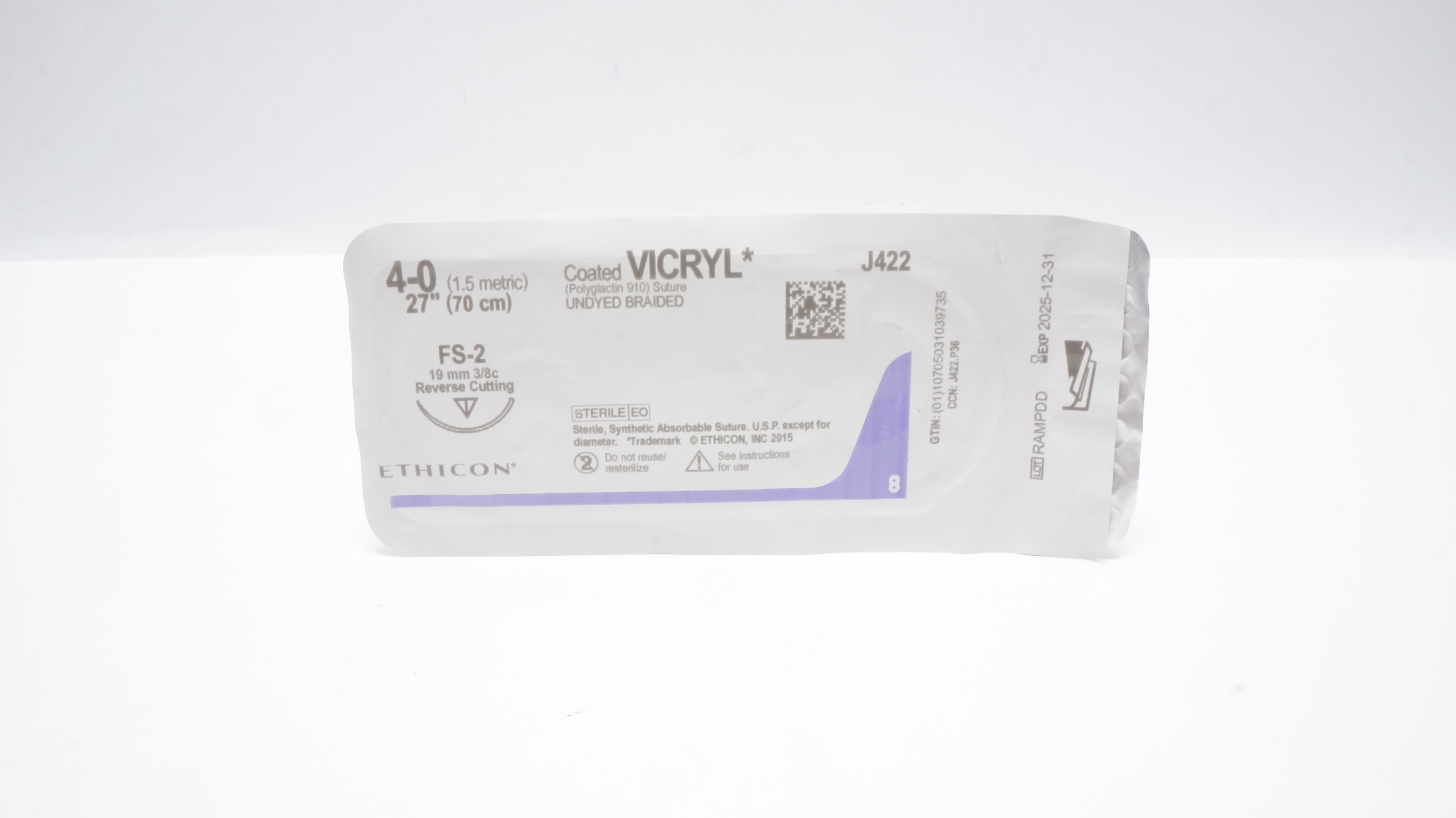 Ethicon J422 4-0 Coated VICRYL Stre FS-2 19mm 3/8c Reverse Cutting, 27Inch