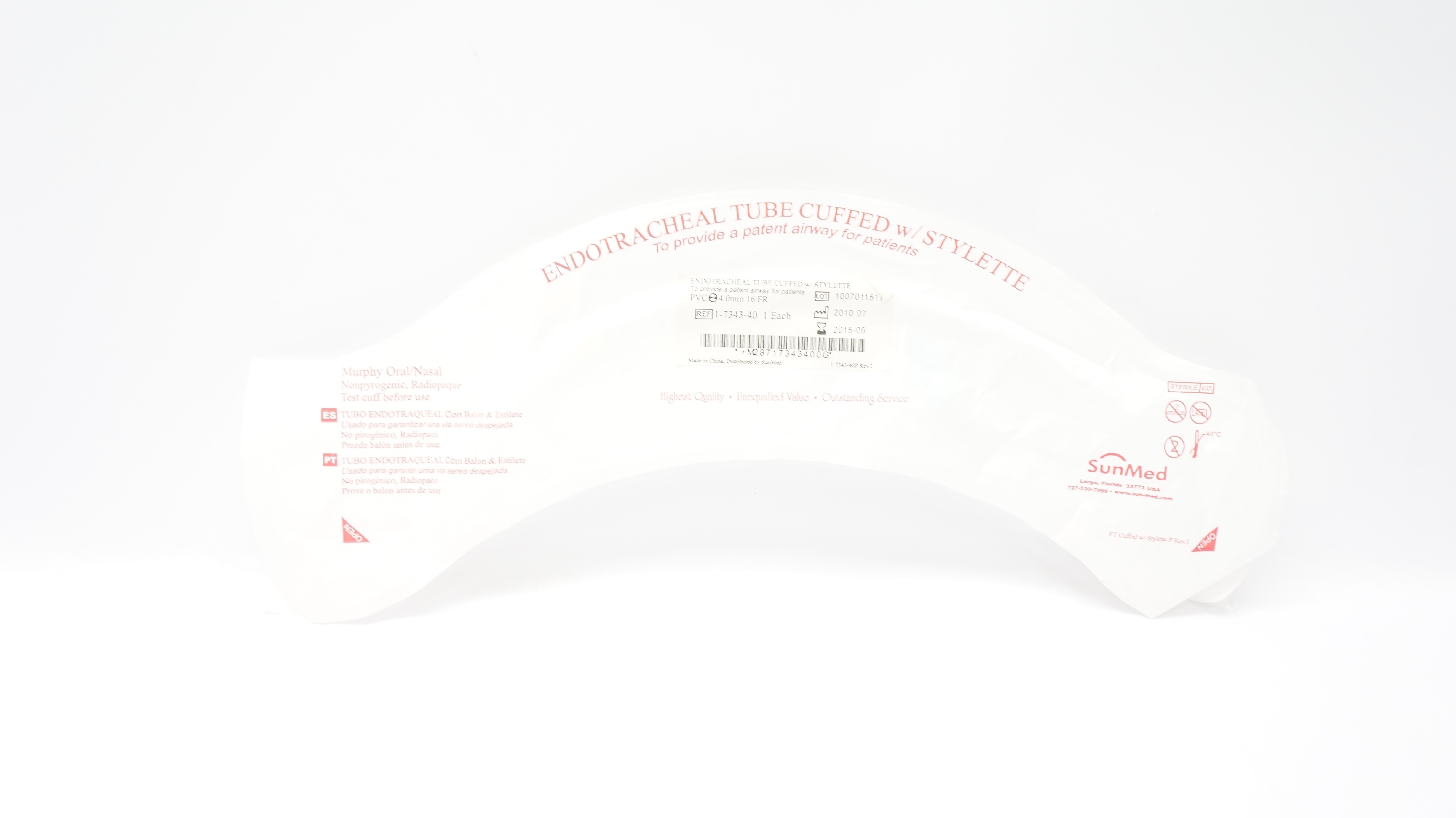 SunMed 1-7343-40 Endotracheal Tube Cuffed W/Stylette 4.0mm 16Fr (x)