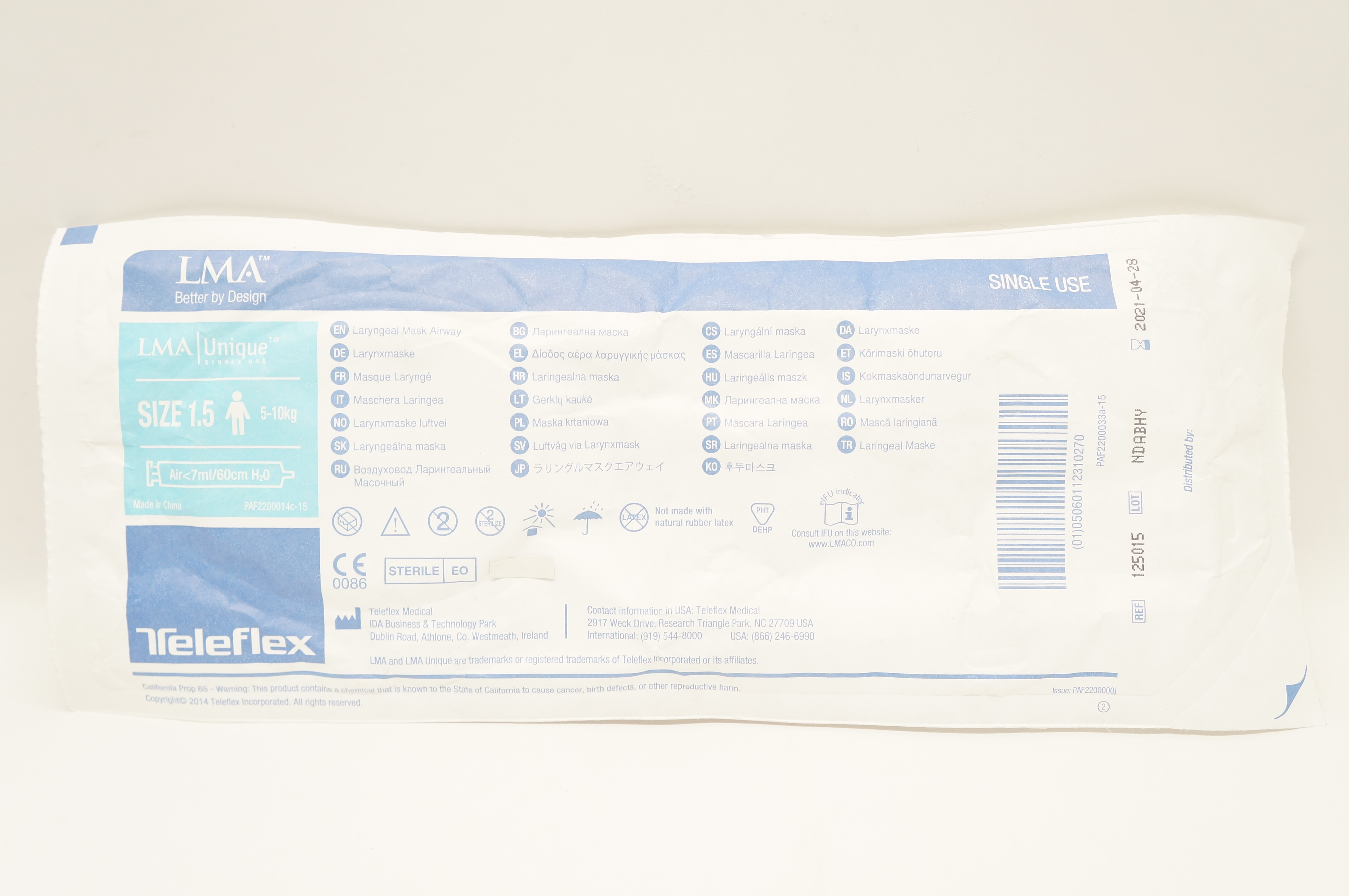 Teleflex 125015 LMA Unique Laryngeal Mask Airway Size 1.5 5-10kg Air<7mL/60cm(x)
