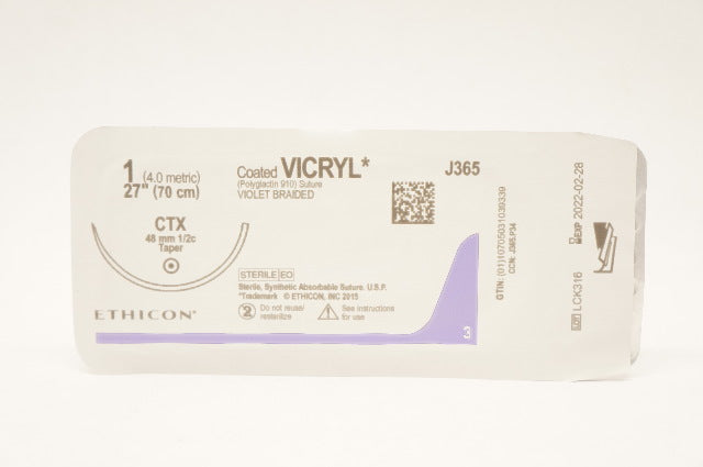 Ethicon J365 1 Coated Vicryl Stre CTX Violet Braided CTX 48mm1/2c Taper 27in (x)