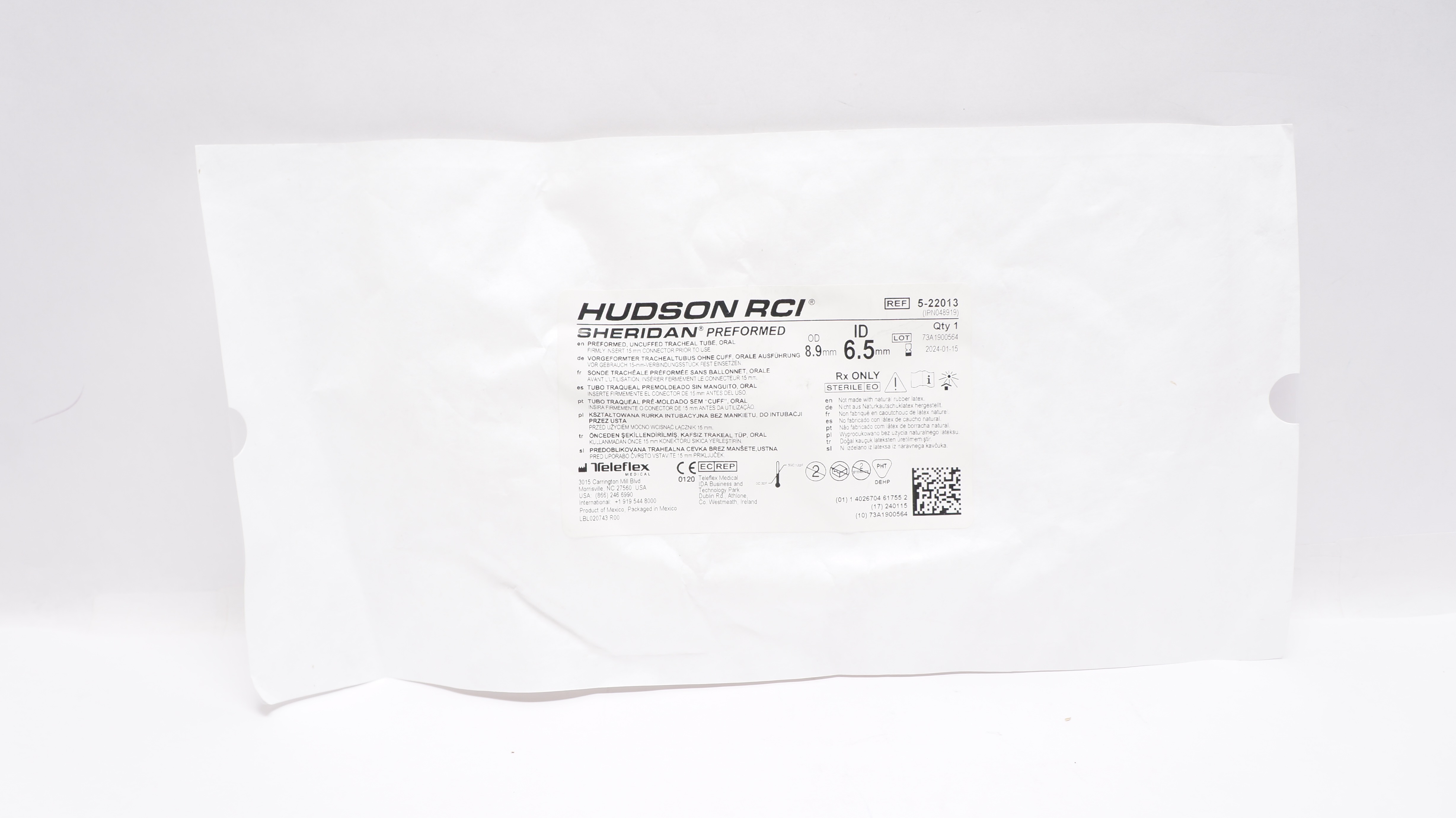 Teleflex 5-22013 Hudson RCI Sheridan Tracheal Tube, Oral 8.9mm OD x 6.5mm ID (x)
