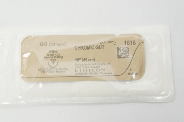 Ethicon 1816 6-0 CHROMIC GUT Absorbable Surgical Stre, PS-6, 1/2 10mm, 18in. (x)