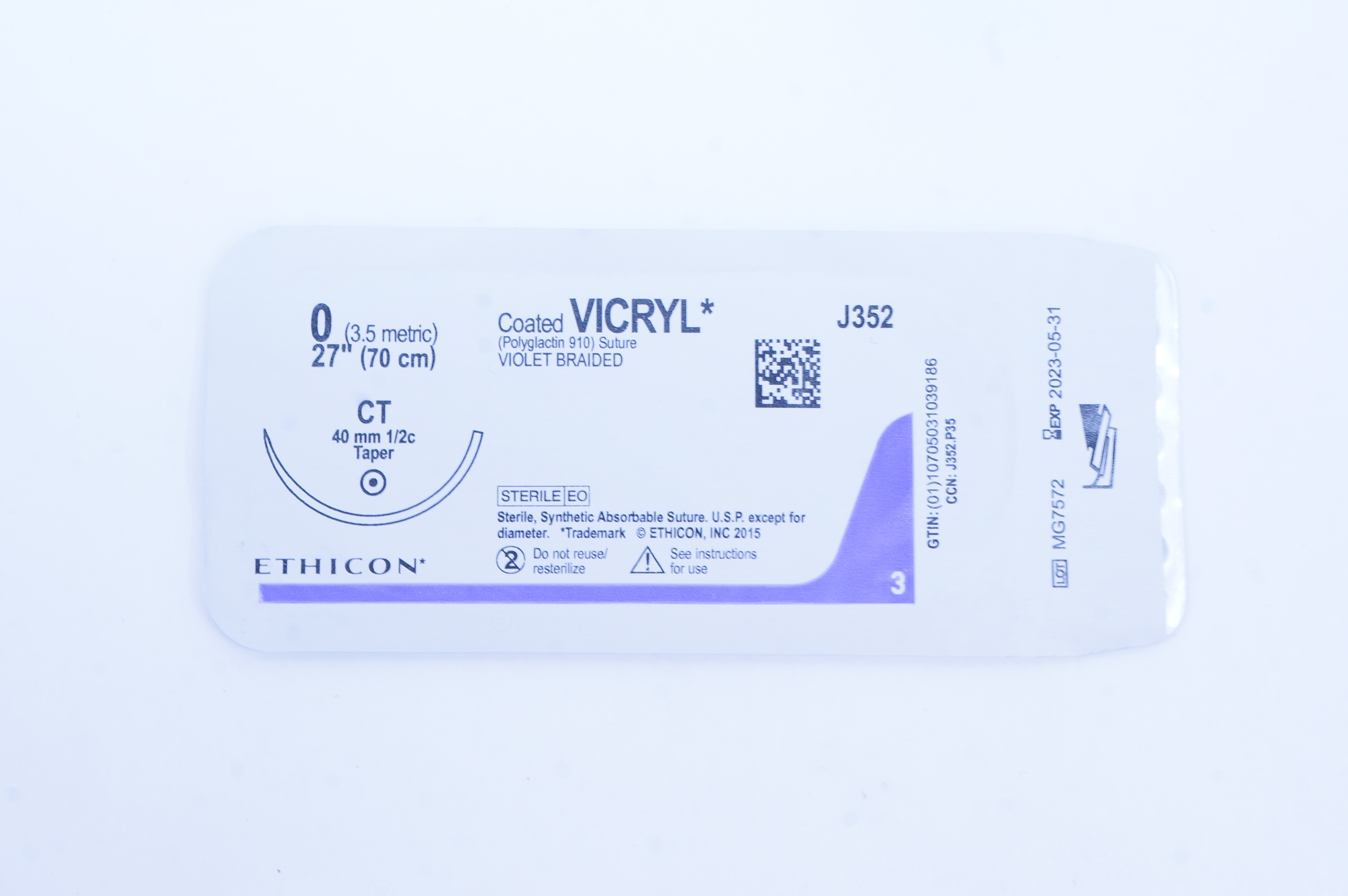 Ethicon J352 0 Coated VICRYL Stre, CT 40mm 1/2c Taper, 27inch (x)