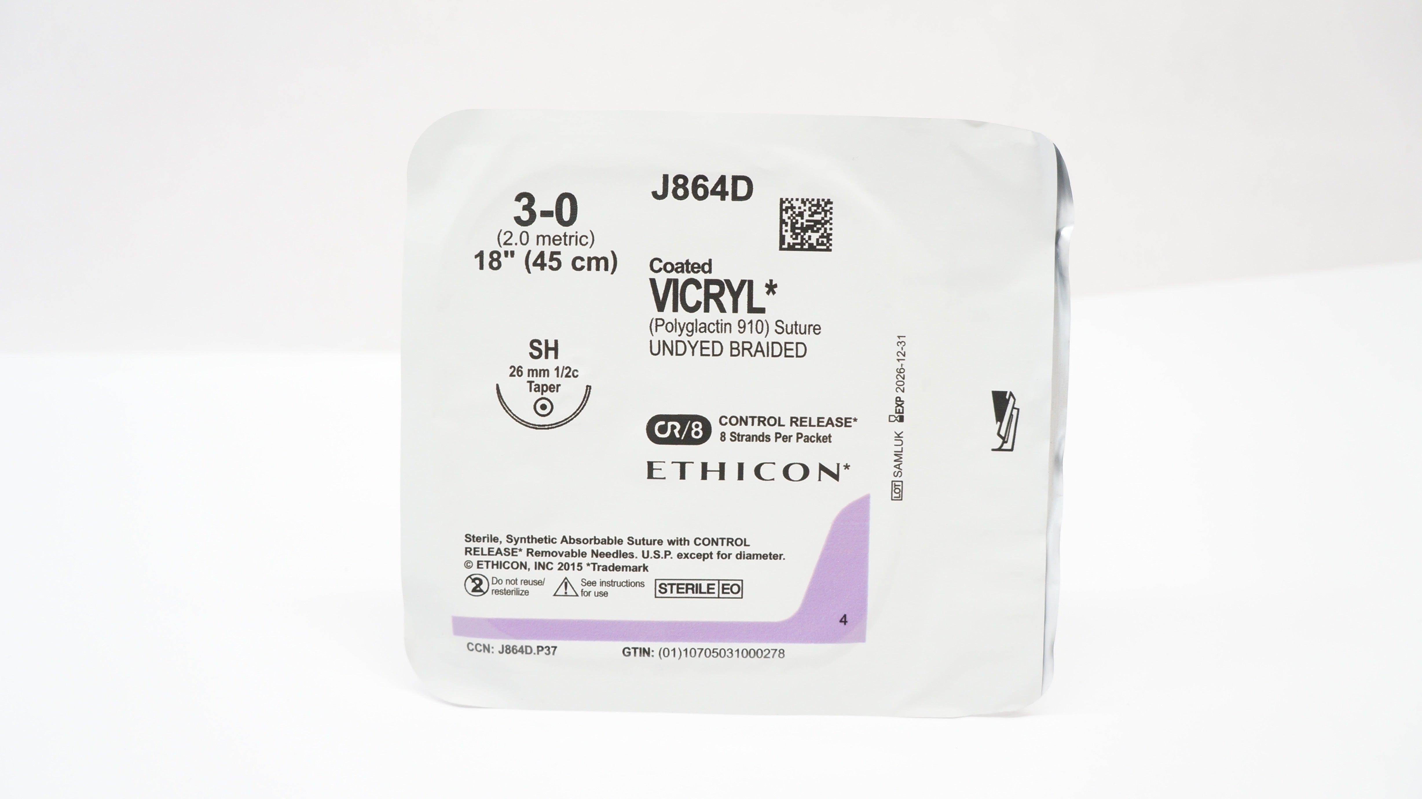 Ethicon J864D 3-0 Coated VICRYL Undyed Braided Stre SH 26mm 1/2c Taper, 18inch