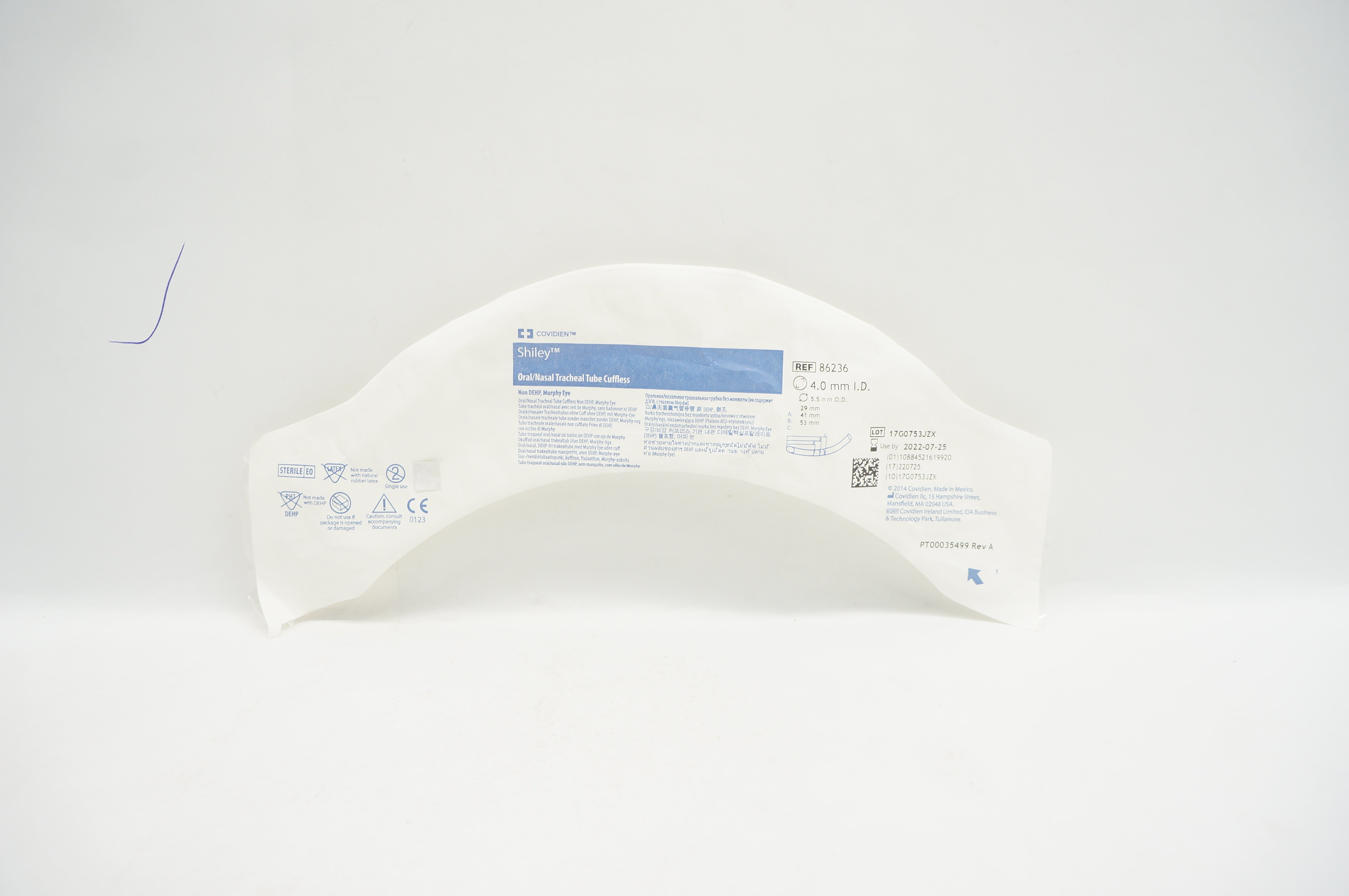Covidien 86236 Shiley Oral/Nasal Tracheal Tube Cuffless 4.0m ID x 5.5mm OD (x)