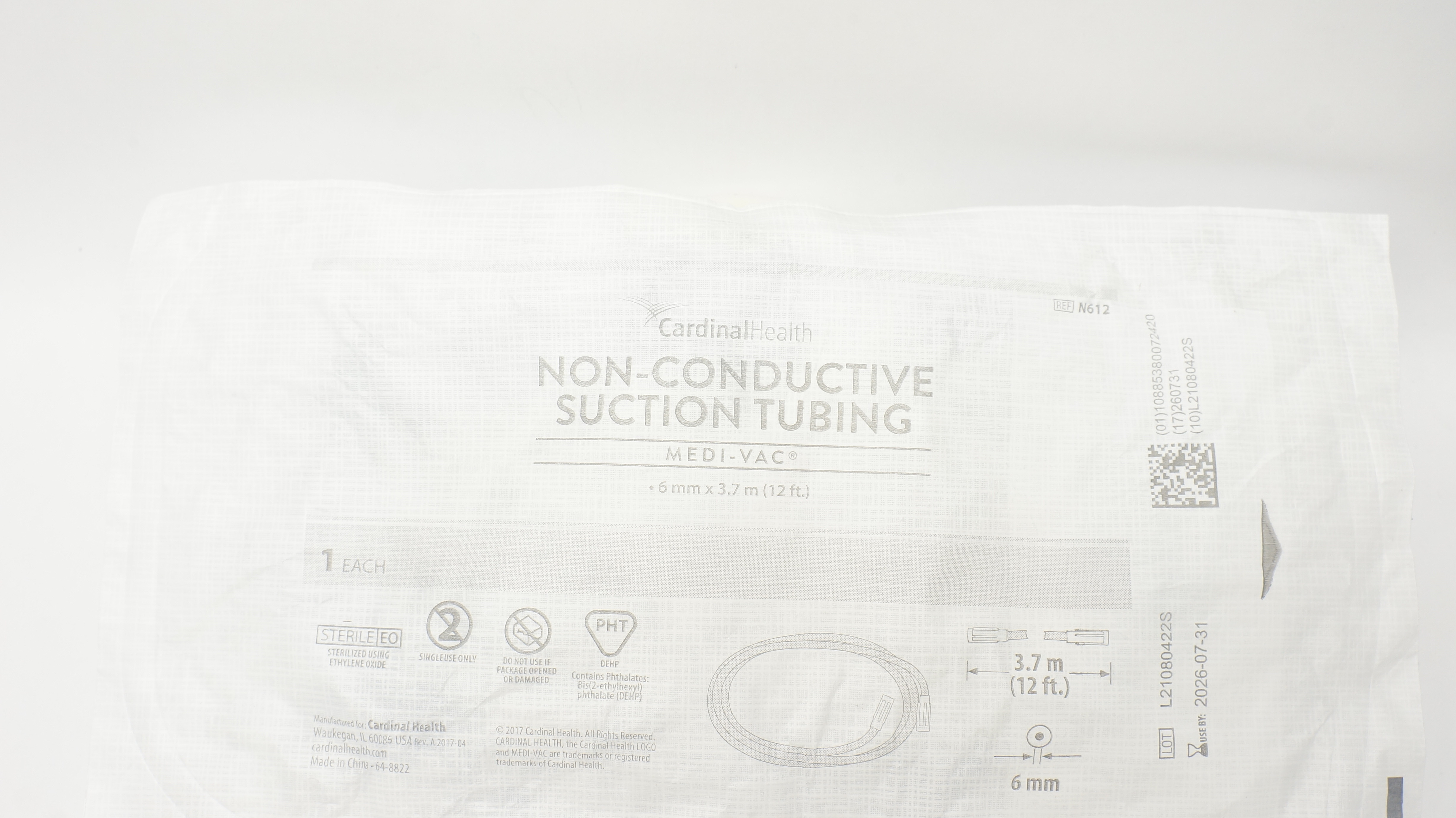 Cardinal Health N612 Medi-Vac Non-Conductive Suction Tubing 6mm x 12ft.