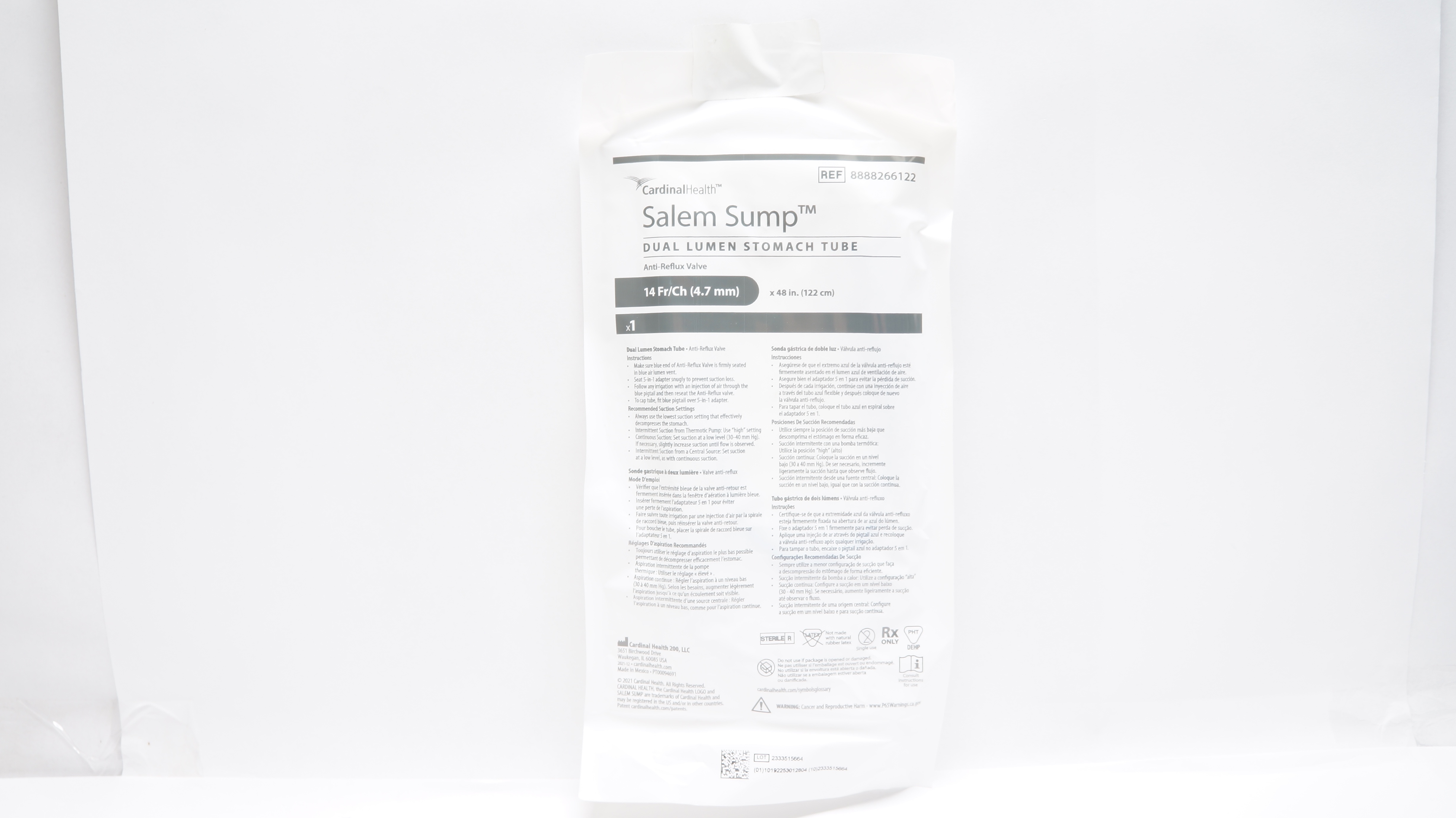 Cardinal Health 8888266122 Salem Sump Dual Lumen Stomach Tube 14Fr/Ch x 48 inch