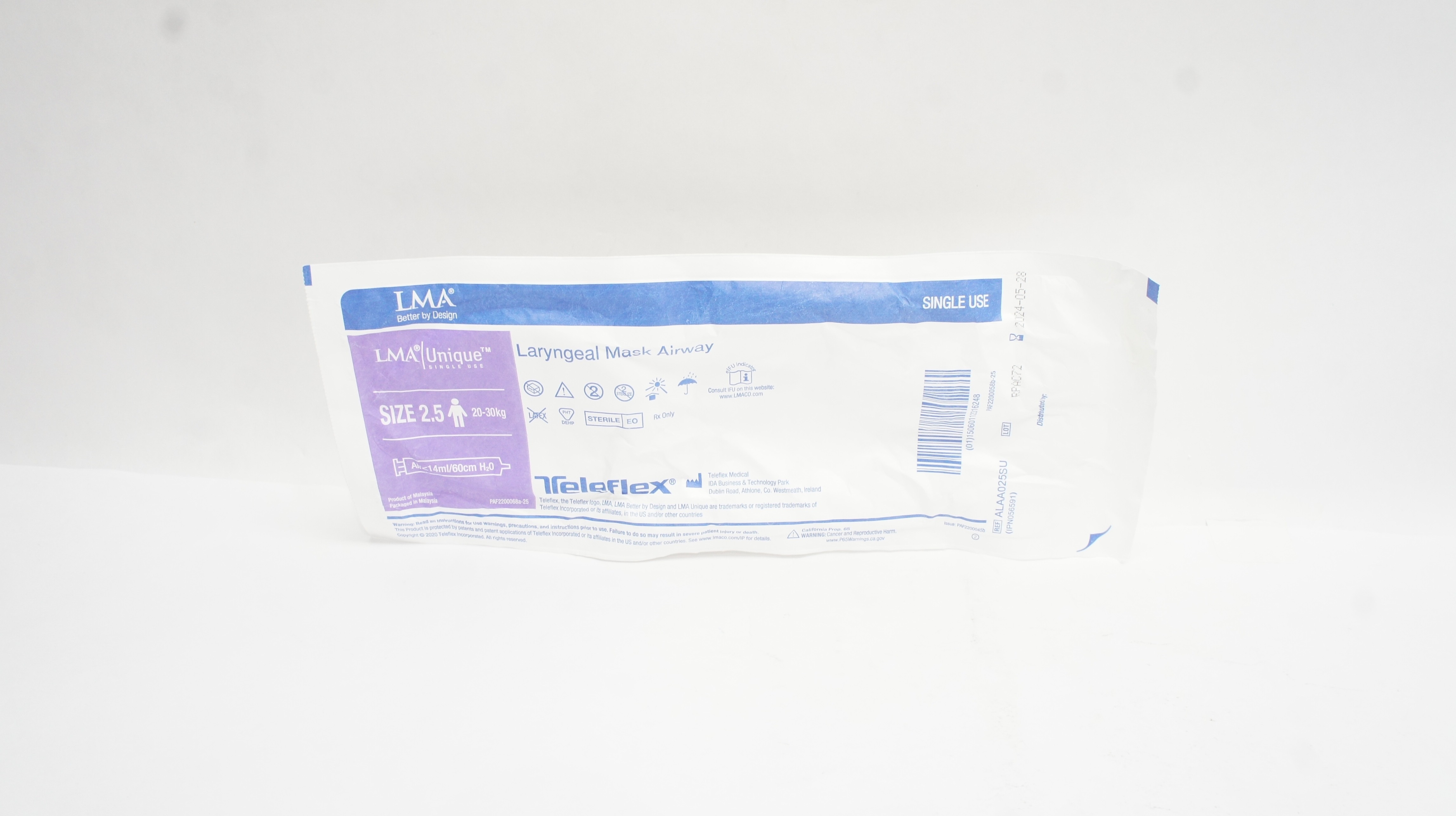 Teleflex ALAA025SU LMA Laryngeal Mask Airway Size 2.5 20-30kg Air <14ml/60cm H2O