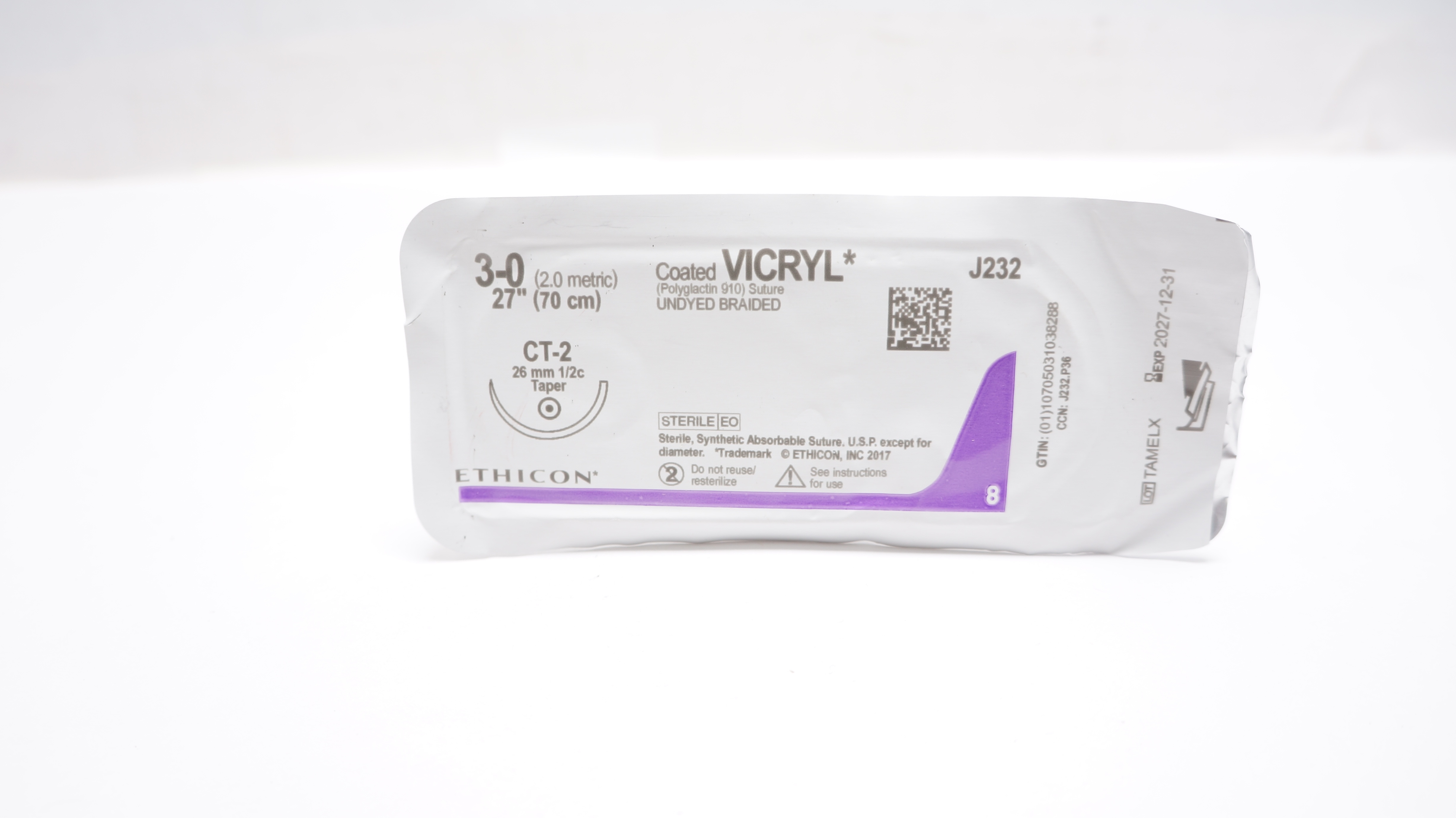 Ethicon J232 3-0 VICRYL, CT-2, 26mm 1/2c Taper, 27inch
