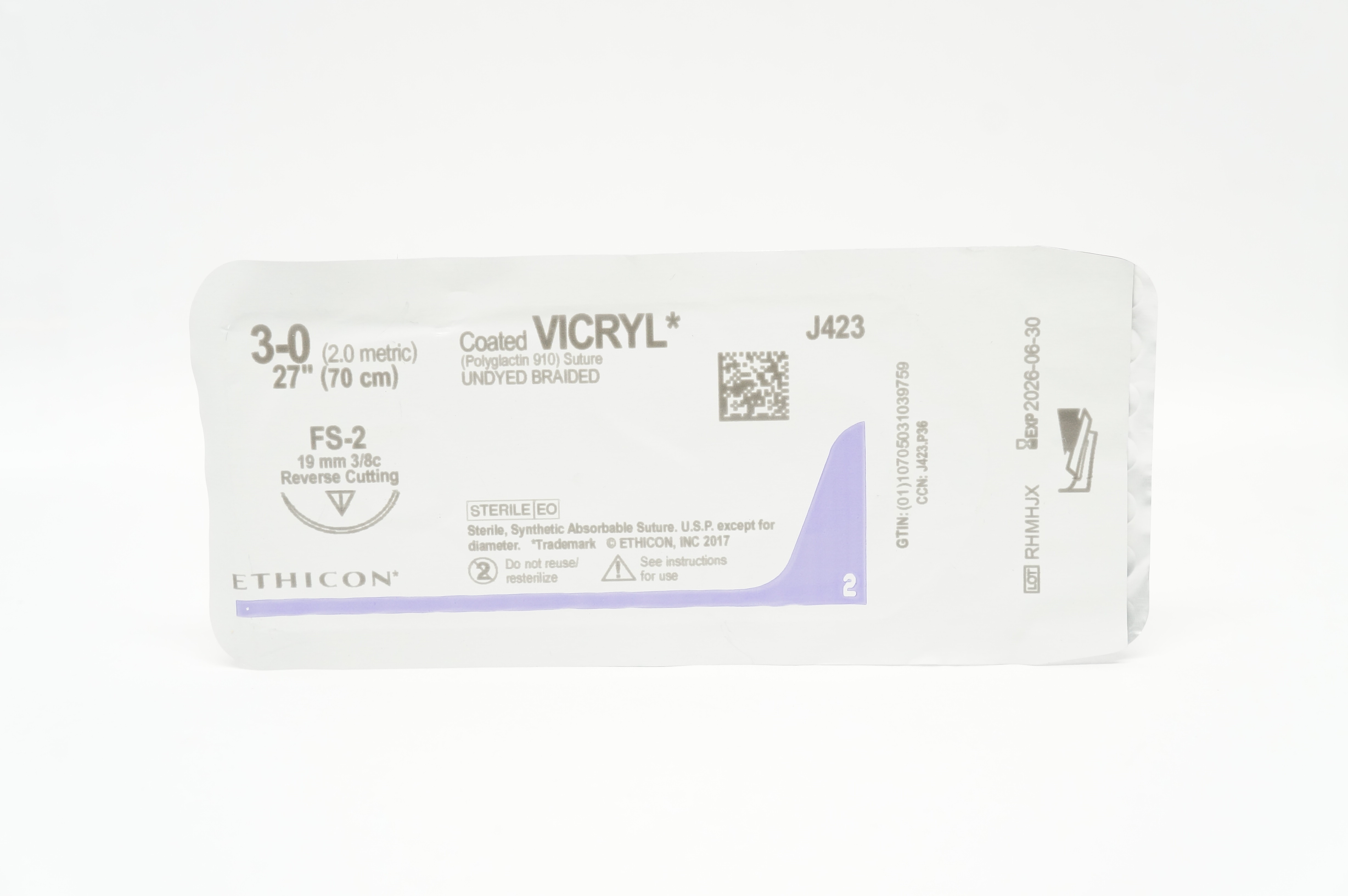 Ethicon J423 3-0 Coated VICRYL, FS-2, 19mm 3/8c Reverse Cutting, 27inch