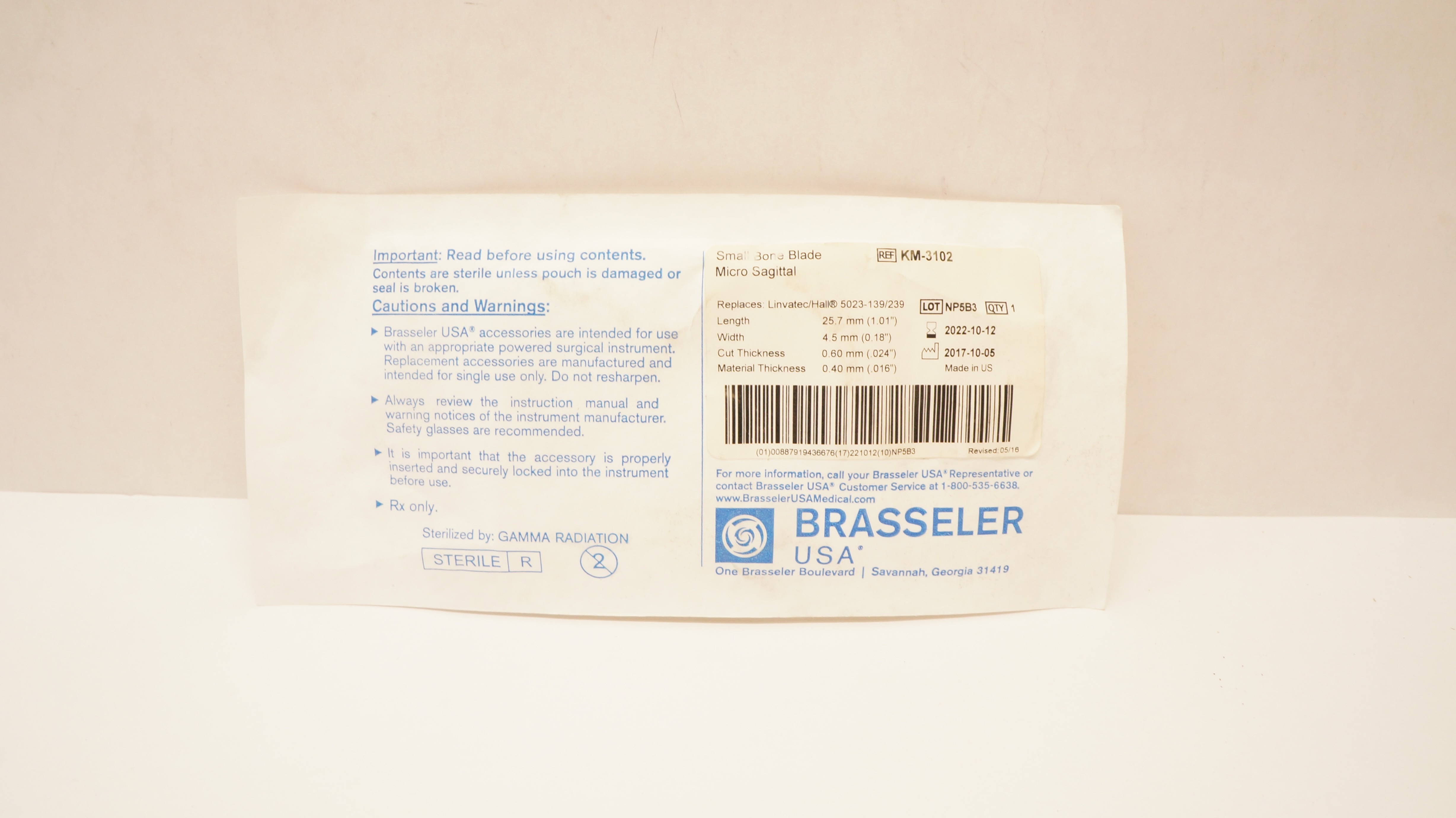 Brasseler KM-3102 Small Bone Blade Micro Sagittal 1.01 x 0.18 x .024 x .016in(x)