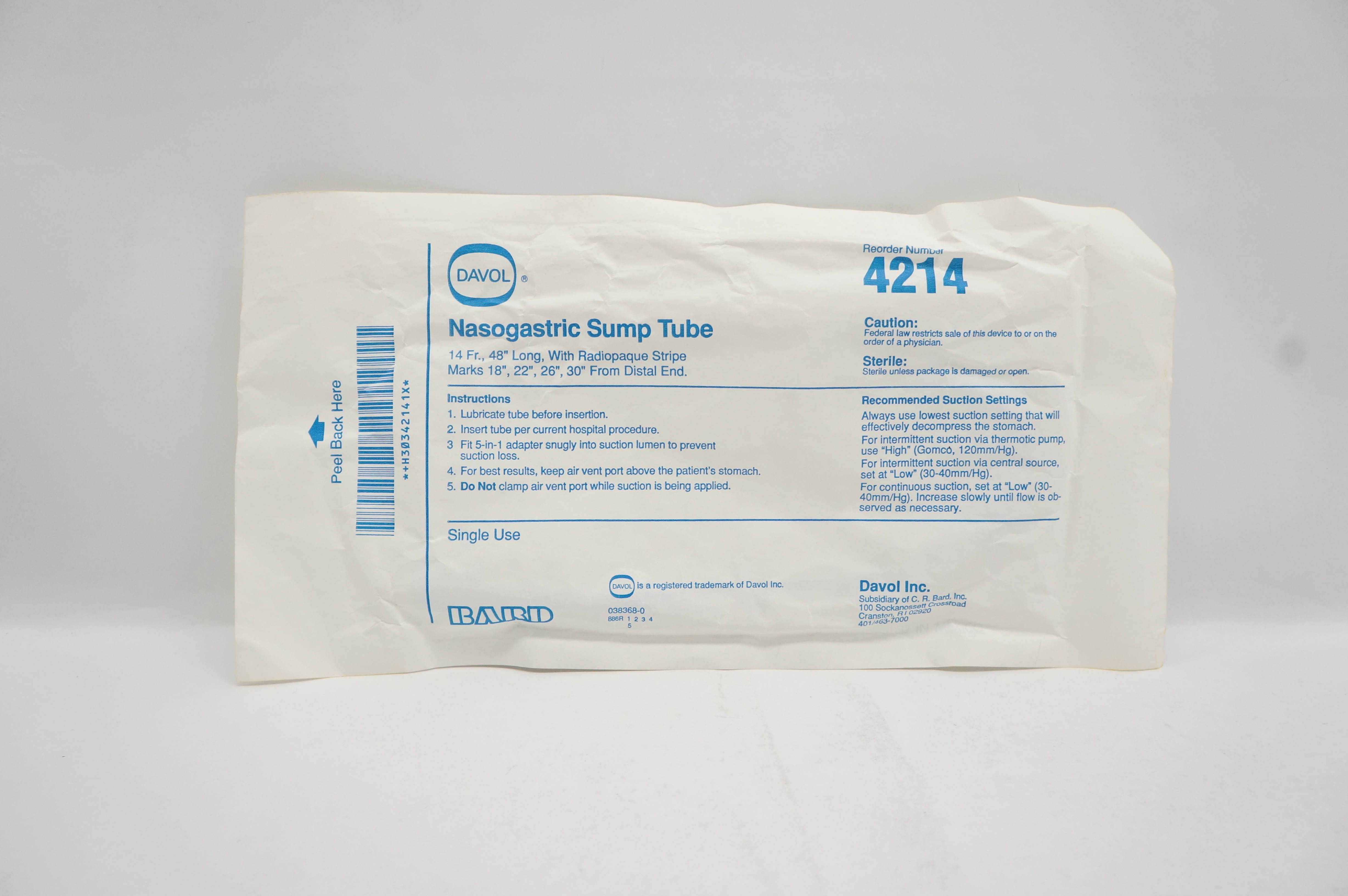 Bard 4214 Davol Nasogastric Sump Tube 14Fr x 48inch w/Radiopaque Stripe Marks