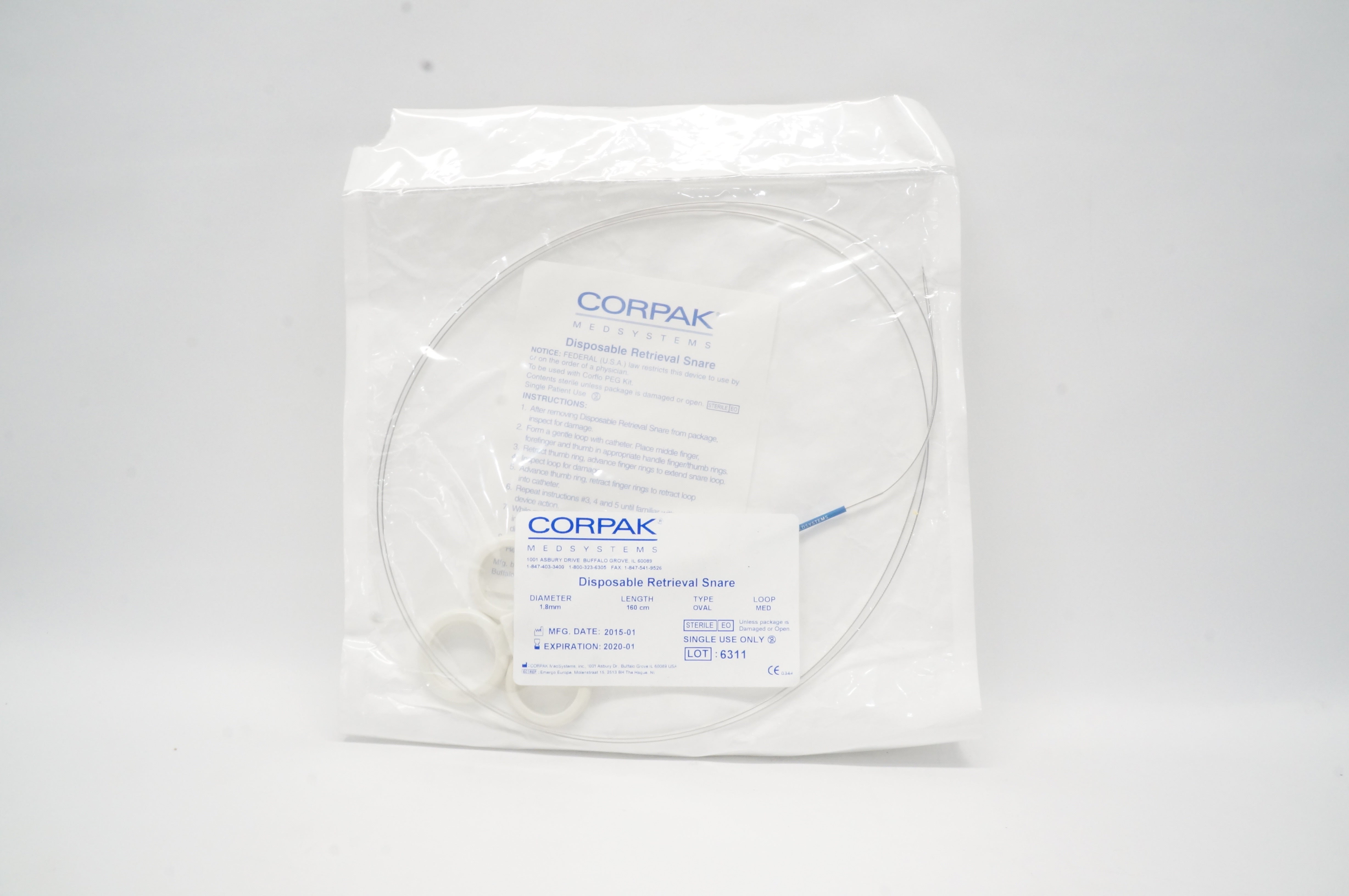 Corpak Medsystems 6311 Disposable Retrieval Snare, Oval, 1.8mm x 160cm (x)