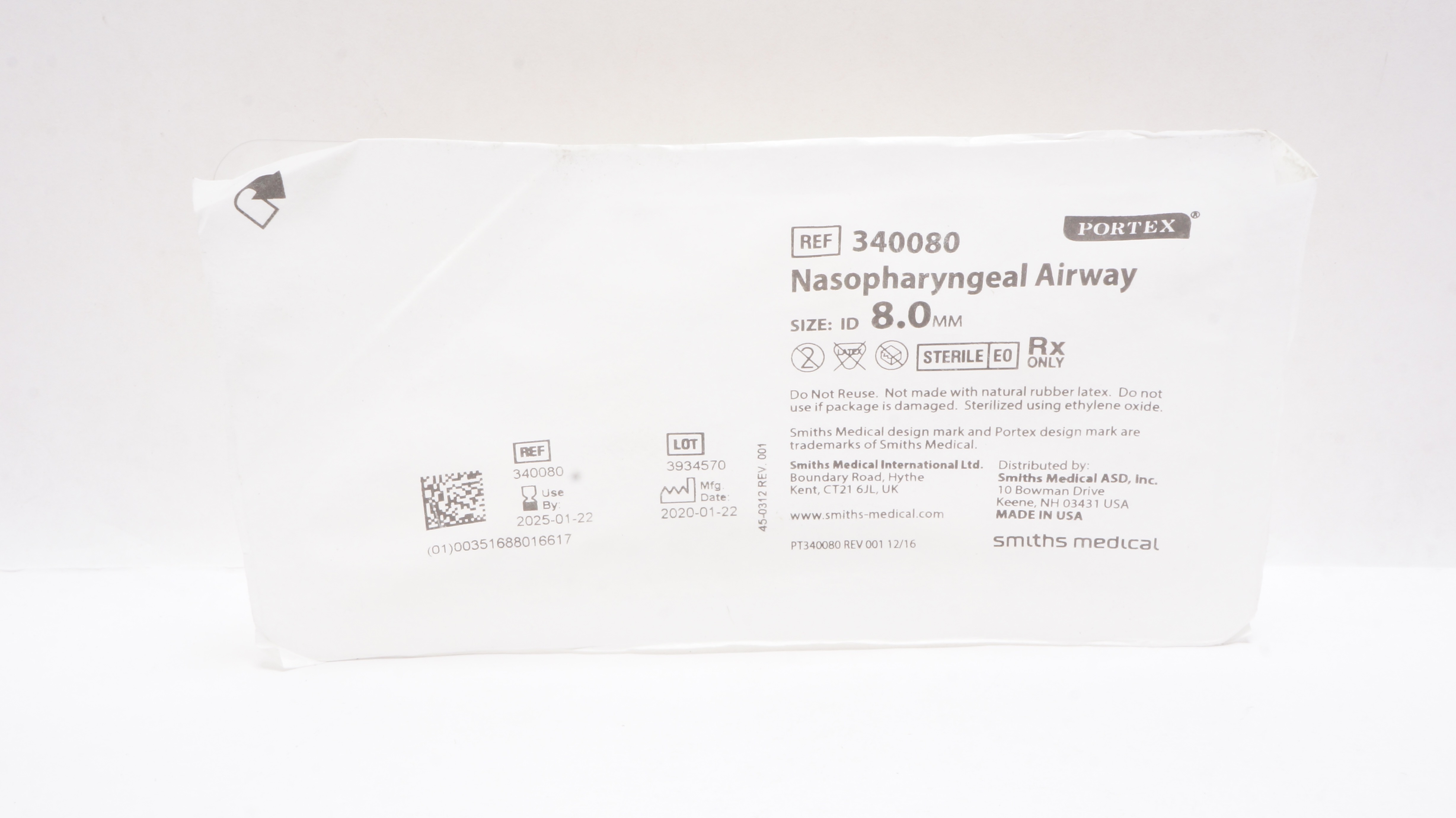 Smiths Medical 340080 Portex Nasopharyngeal Airway 8.0mm ID