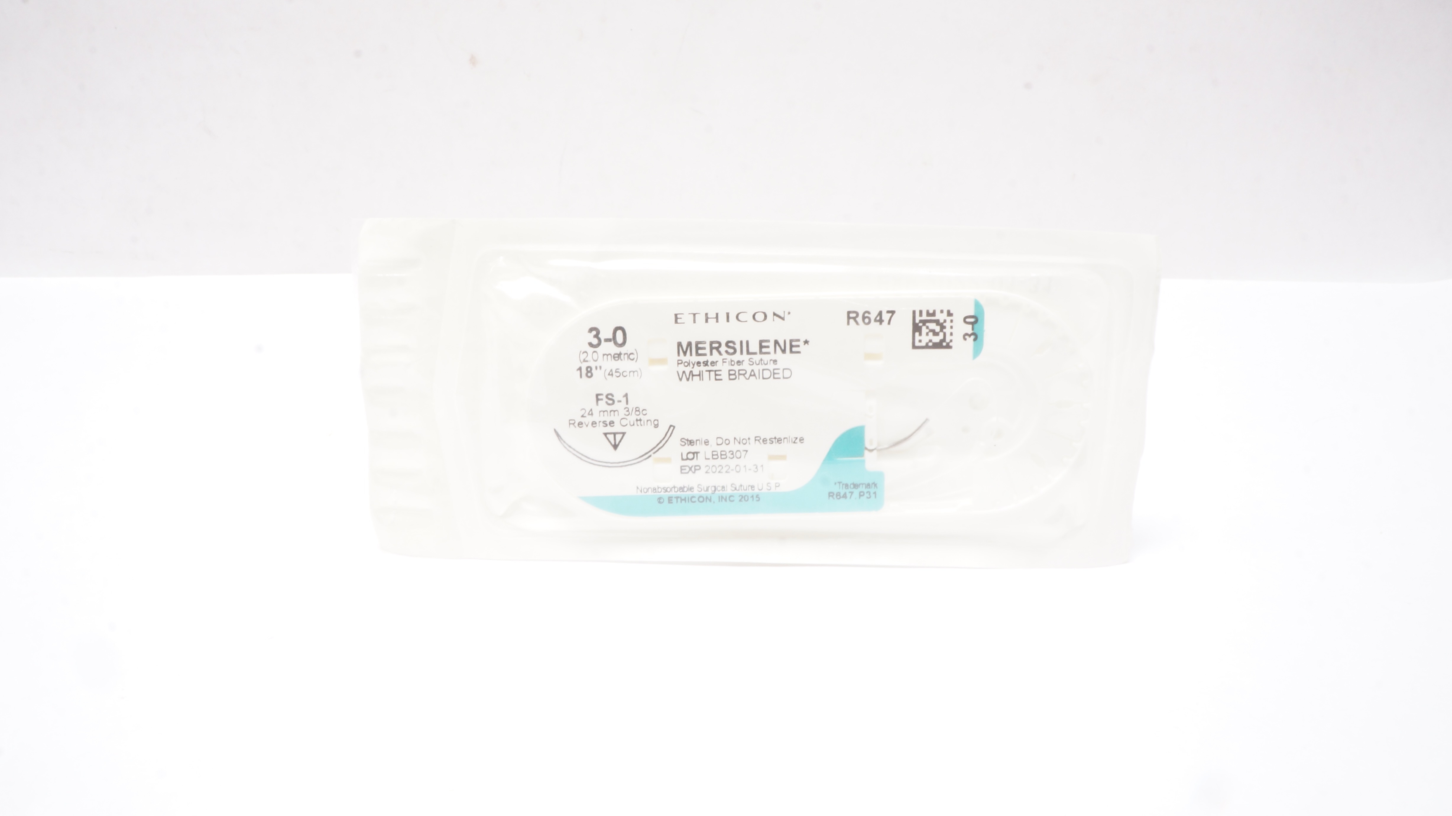 Ethicon R647 3-0 MERSILENE Fiber Stre FS-1 24mm 3/8c Reverse Cutting, 18inch (x)