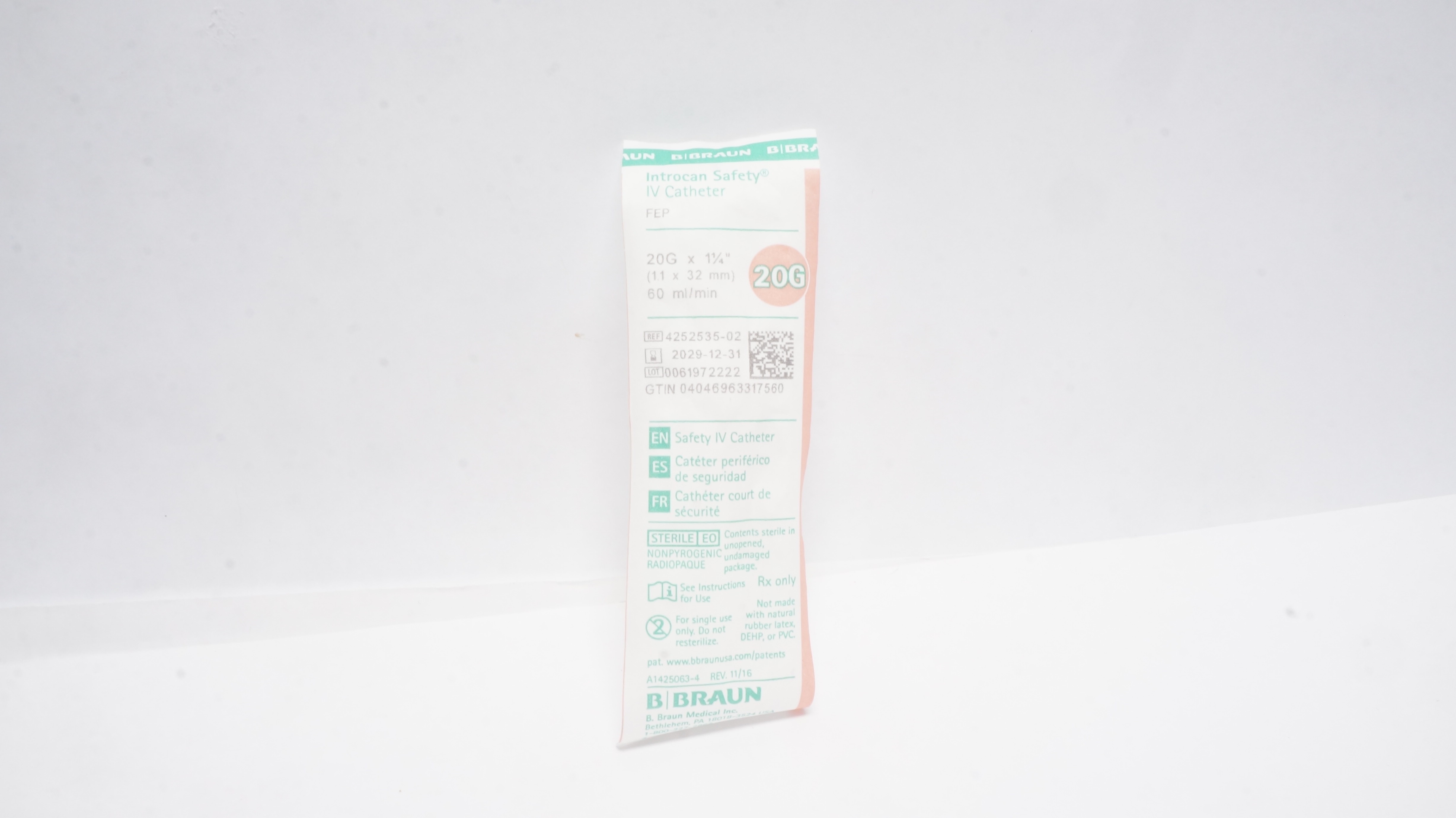 Braun 4252535-02 Introcan Safety IV Cath. 20G x 1-1/4inch 60ml/min