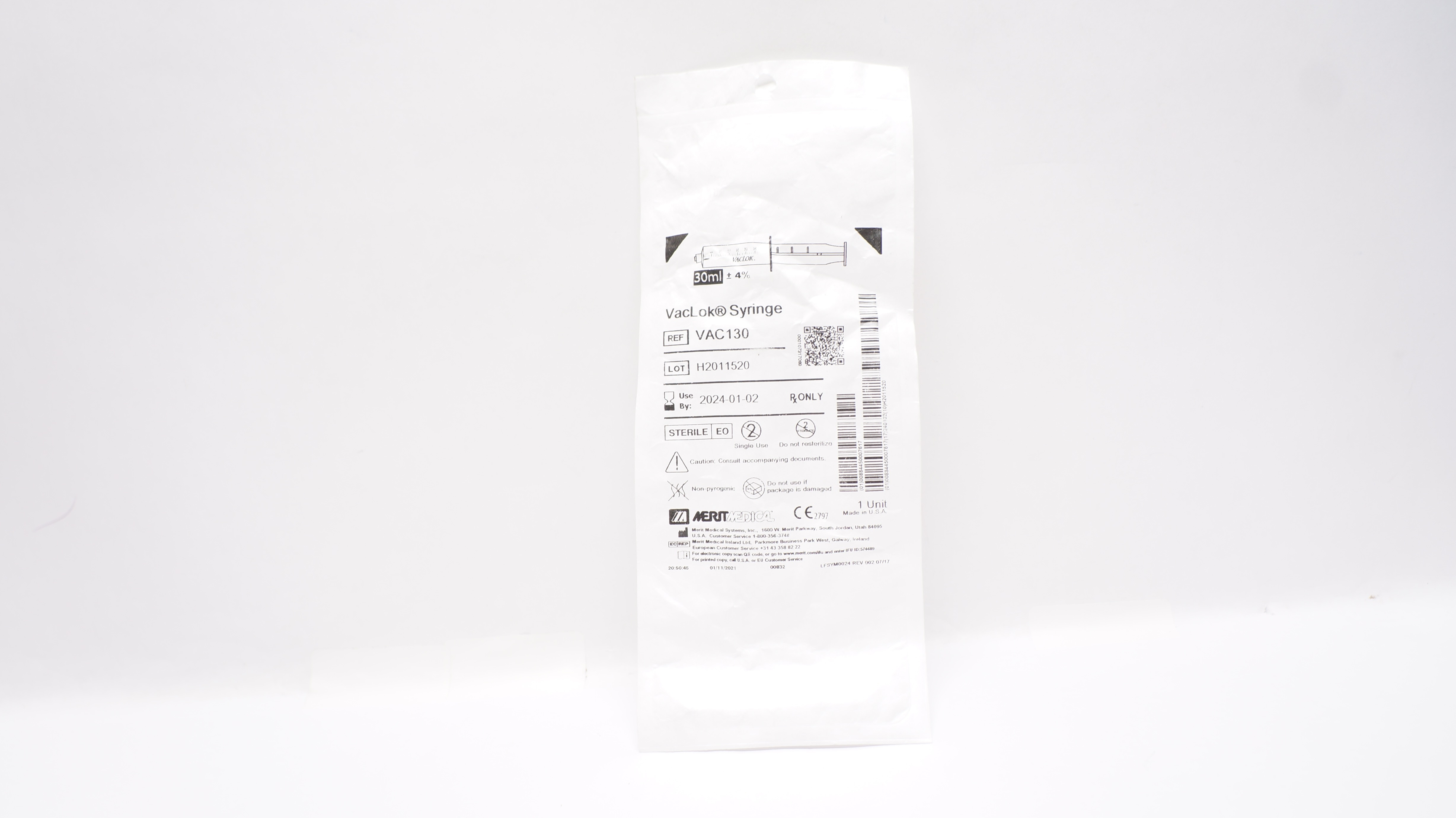 Merit Medical VAC130 VacLok Syringe 30mL