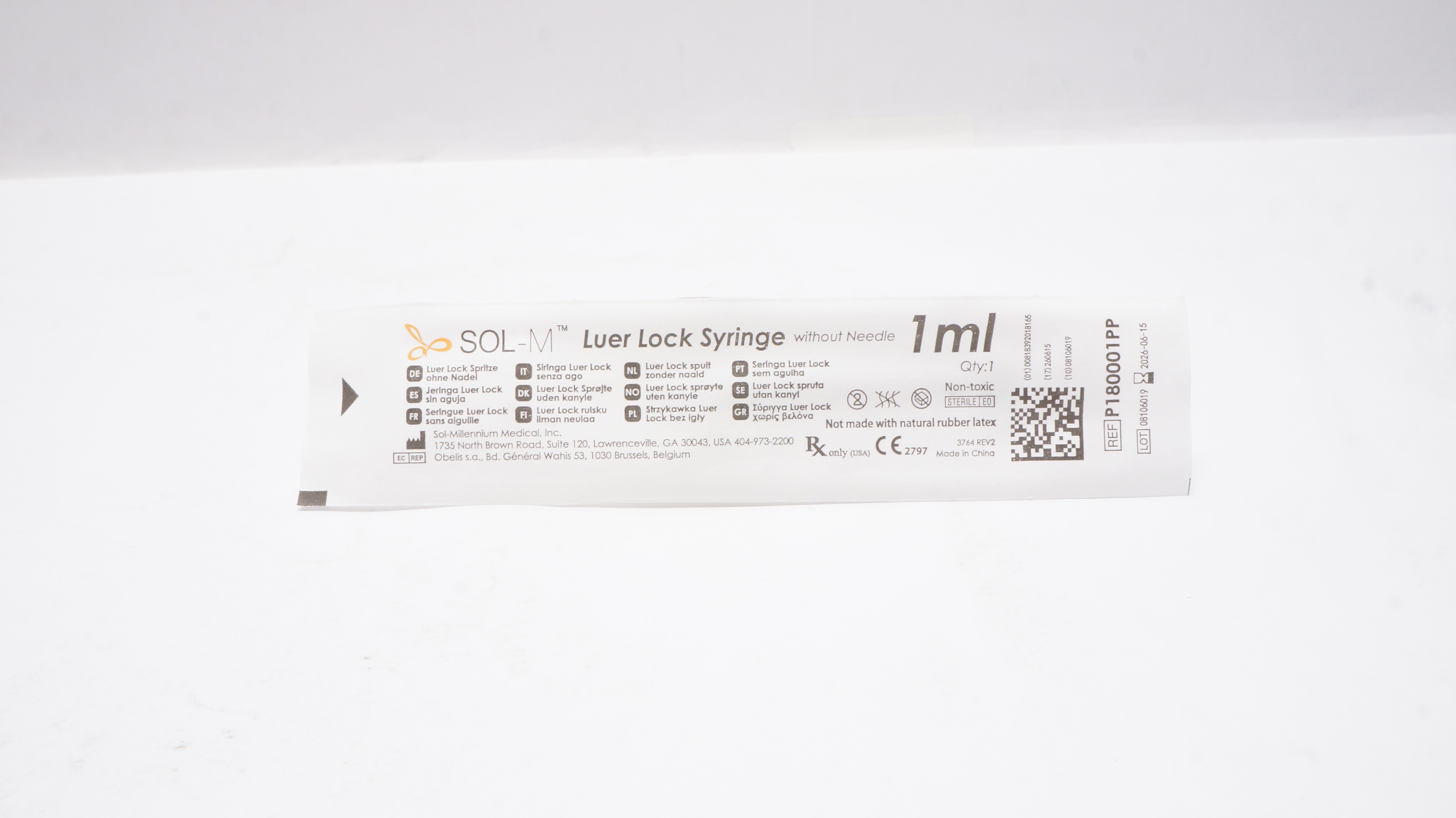 Sol-Millennium Medical P180001PP Luer Lock Syringe Without Ndle. 1mL