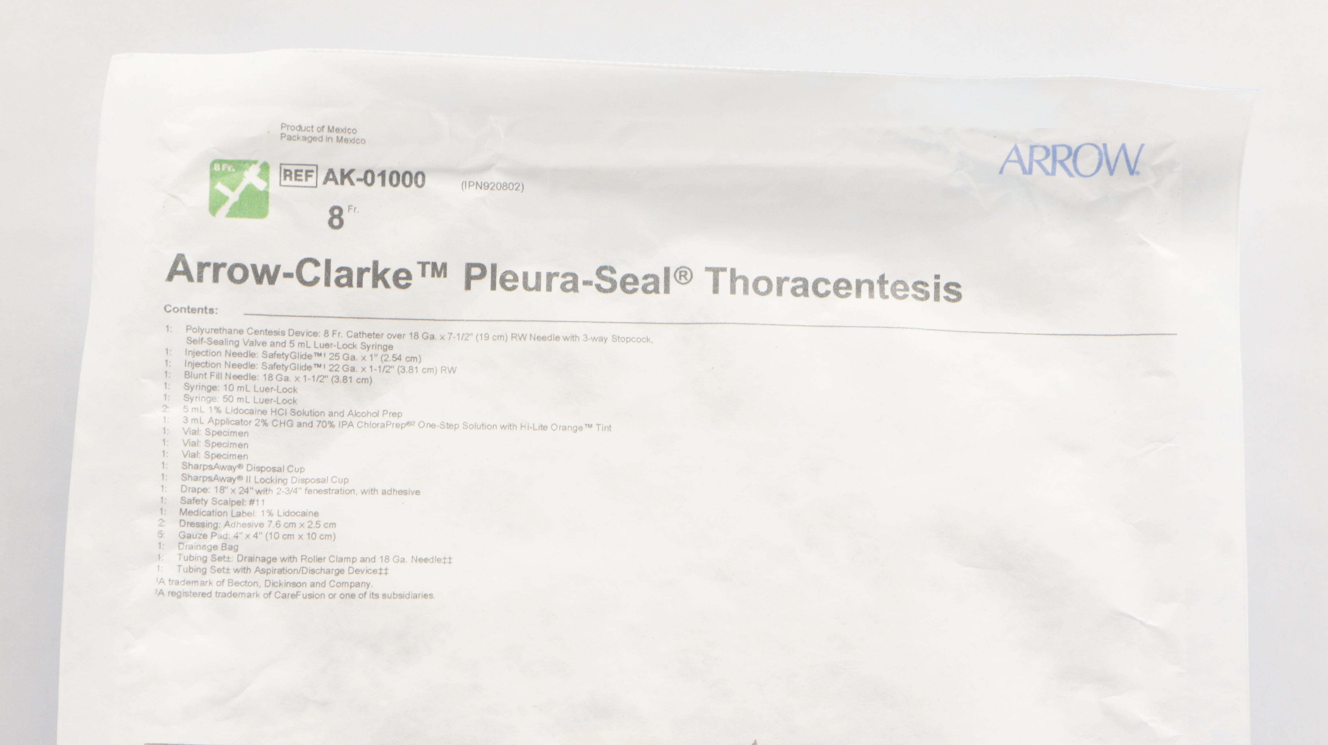 Arrow AK-01000 Arrow-Clarke Pleura Seal Thoracentesis Kit 8 Fr