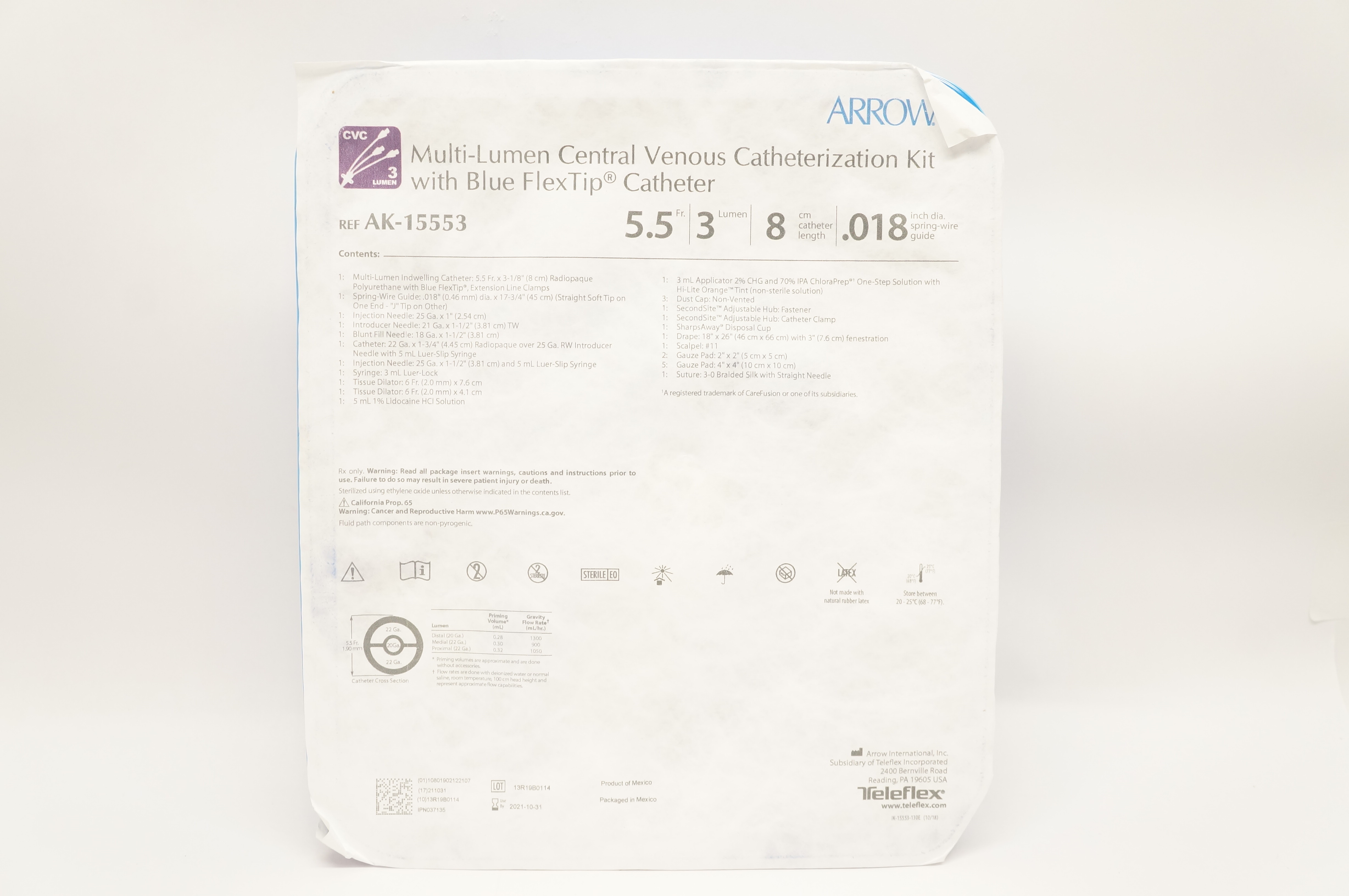 Arrow AK-15553 Multi-Lumen Central Venous Cath. Kit 5.5Fr x 8cm (x)