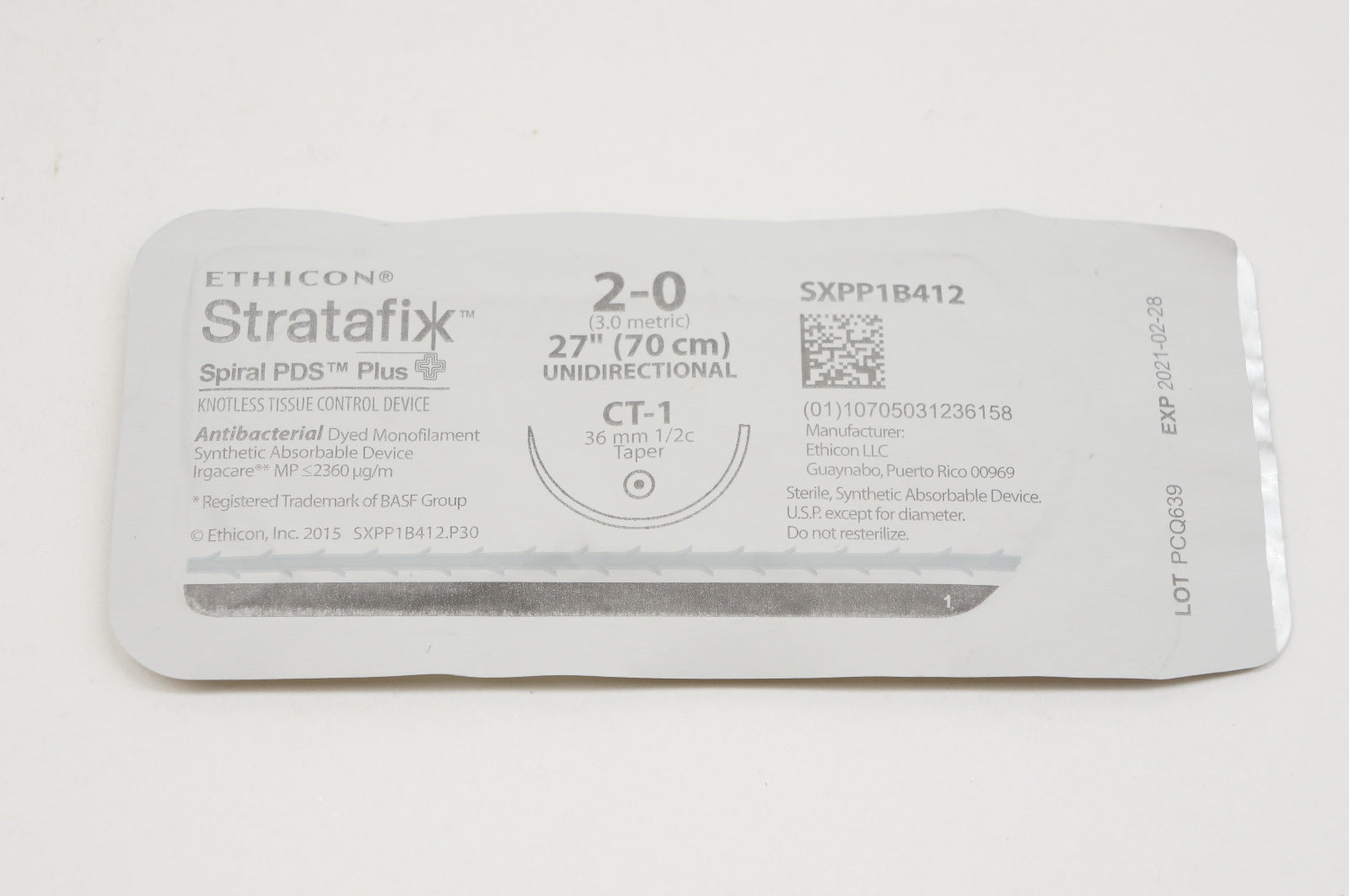 Ethicon SXPP1B412 2-0 Stratafix, Spiral PDS Plus, CT-1, 36mm 1/2c Taper, 27inch