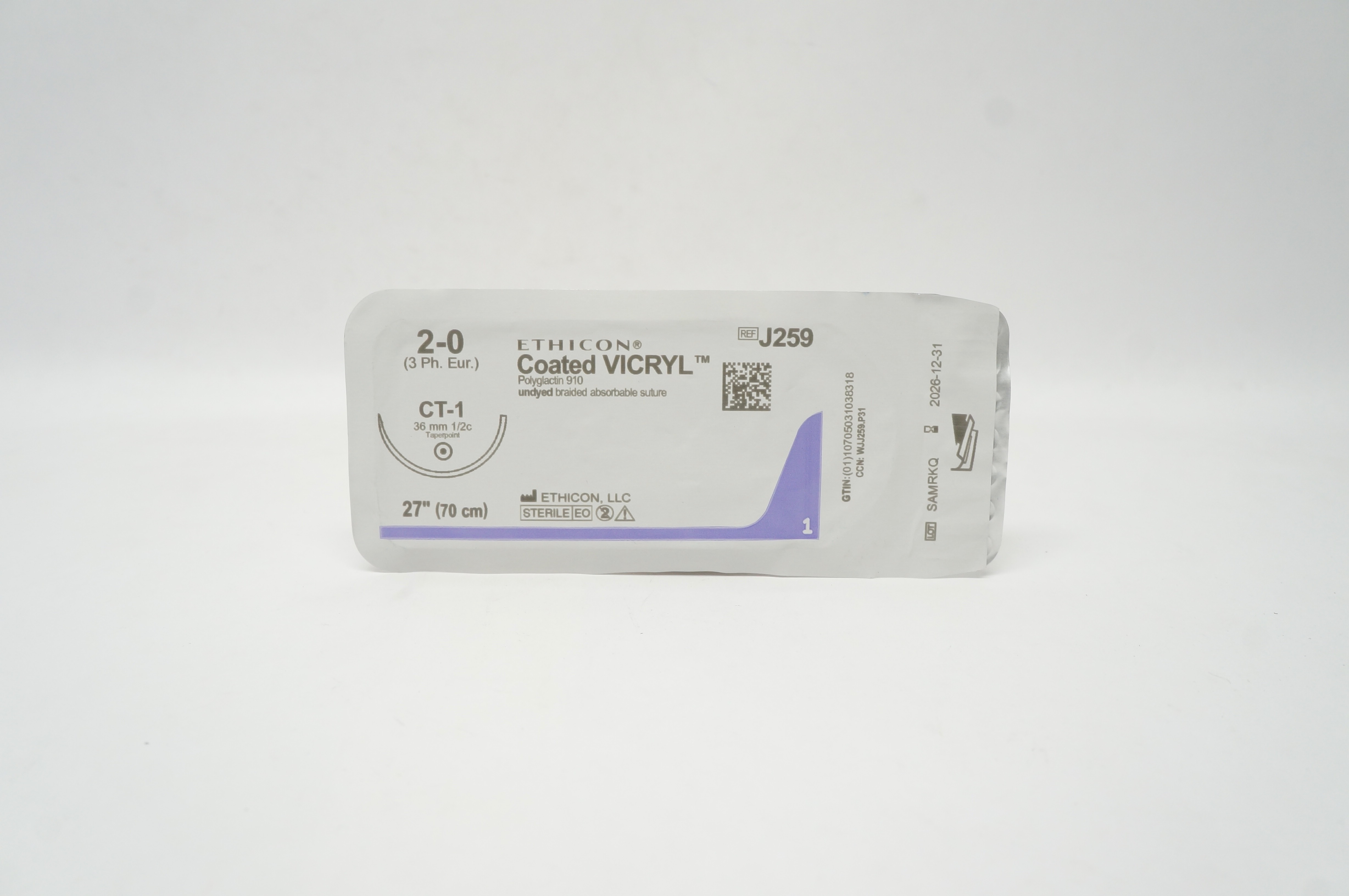 Ethicon J259 2-0 Coated VICRYL Stre CT-1 36mm 1/2c Taperpoint, 27 inch