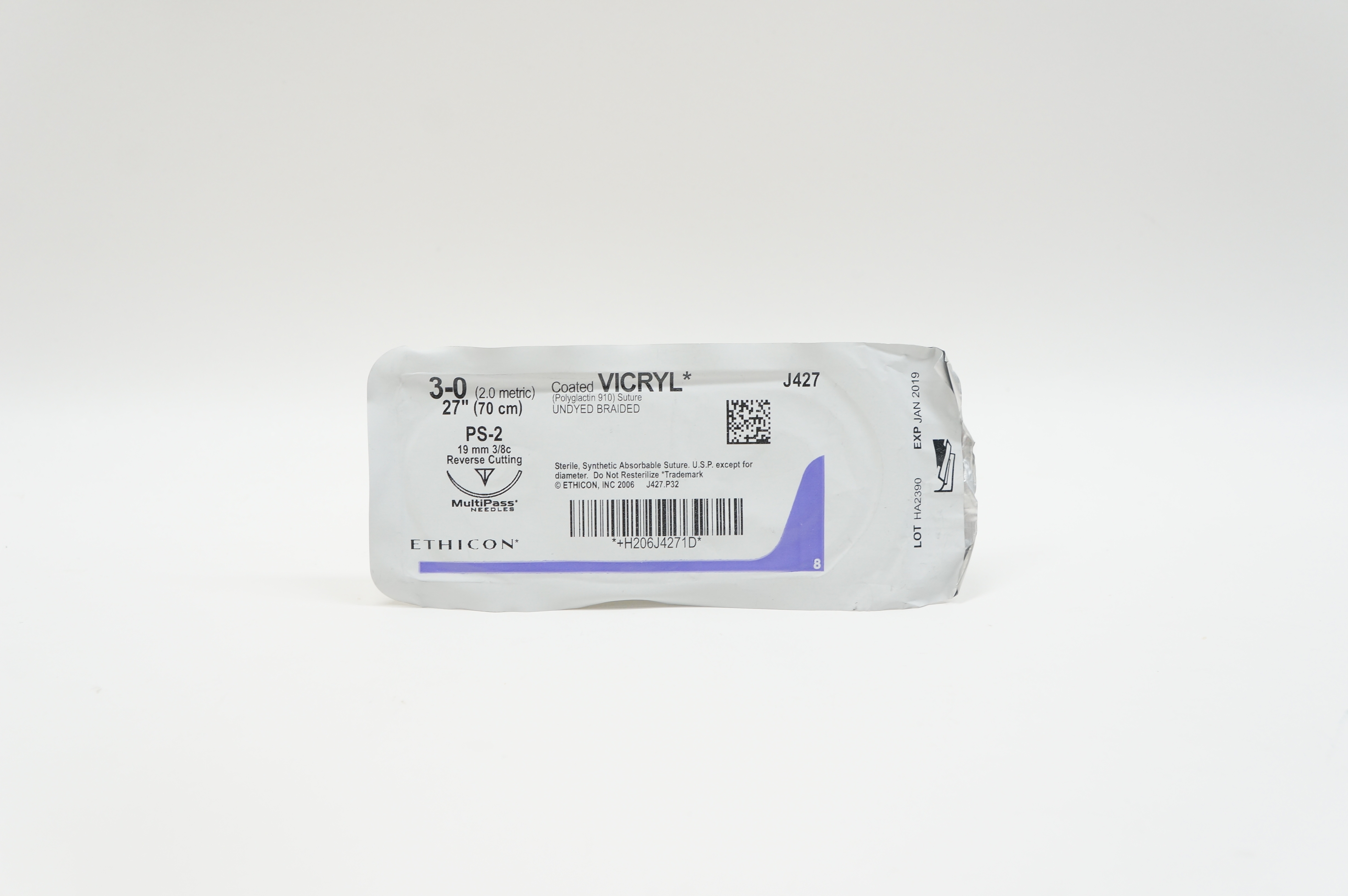 Ethicon J427 3-0 VICRYL, PS-2, 19mm 3/8c Reverse Cutting, 27inch (x)