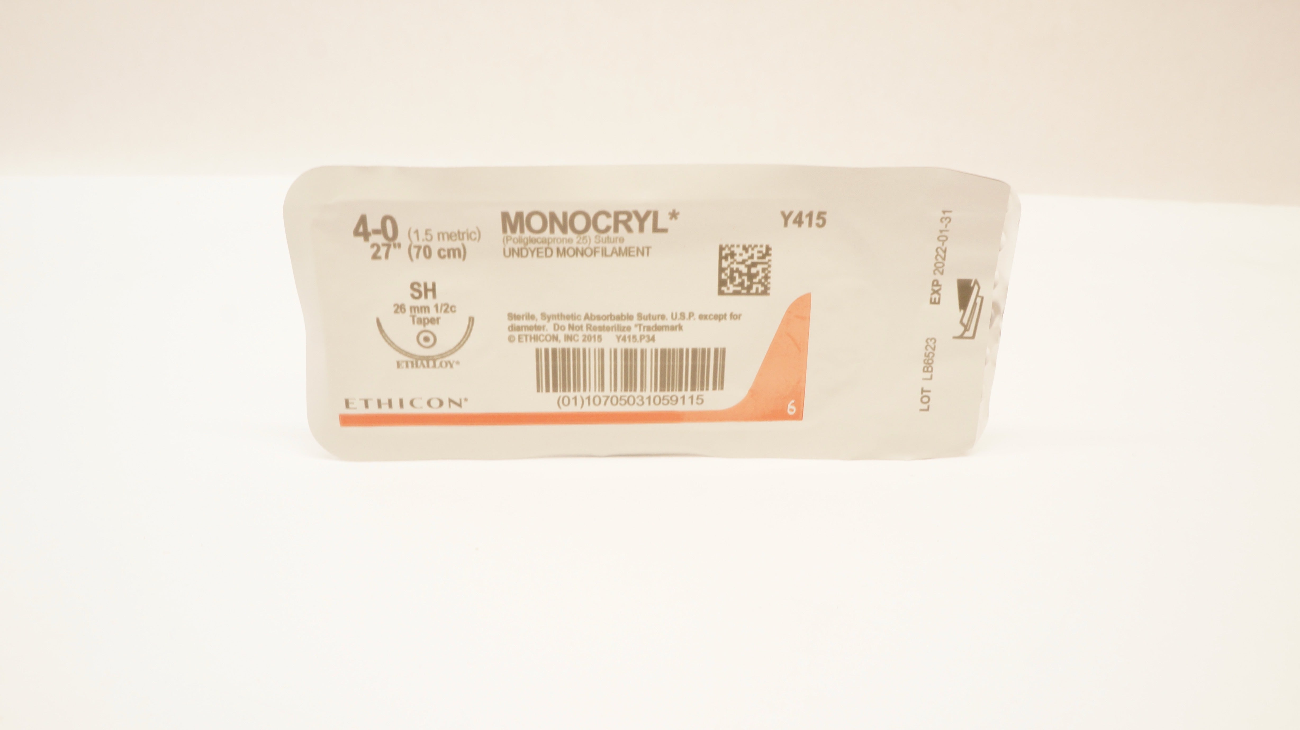 Ethicon Y415 4-0 Monocryl Poliglecaprone 25 Stre SH 26mm 1/2c Taper 27 inch (x)