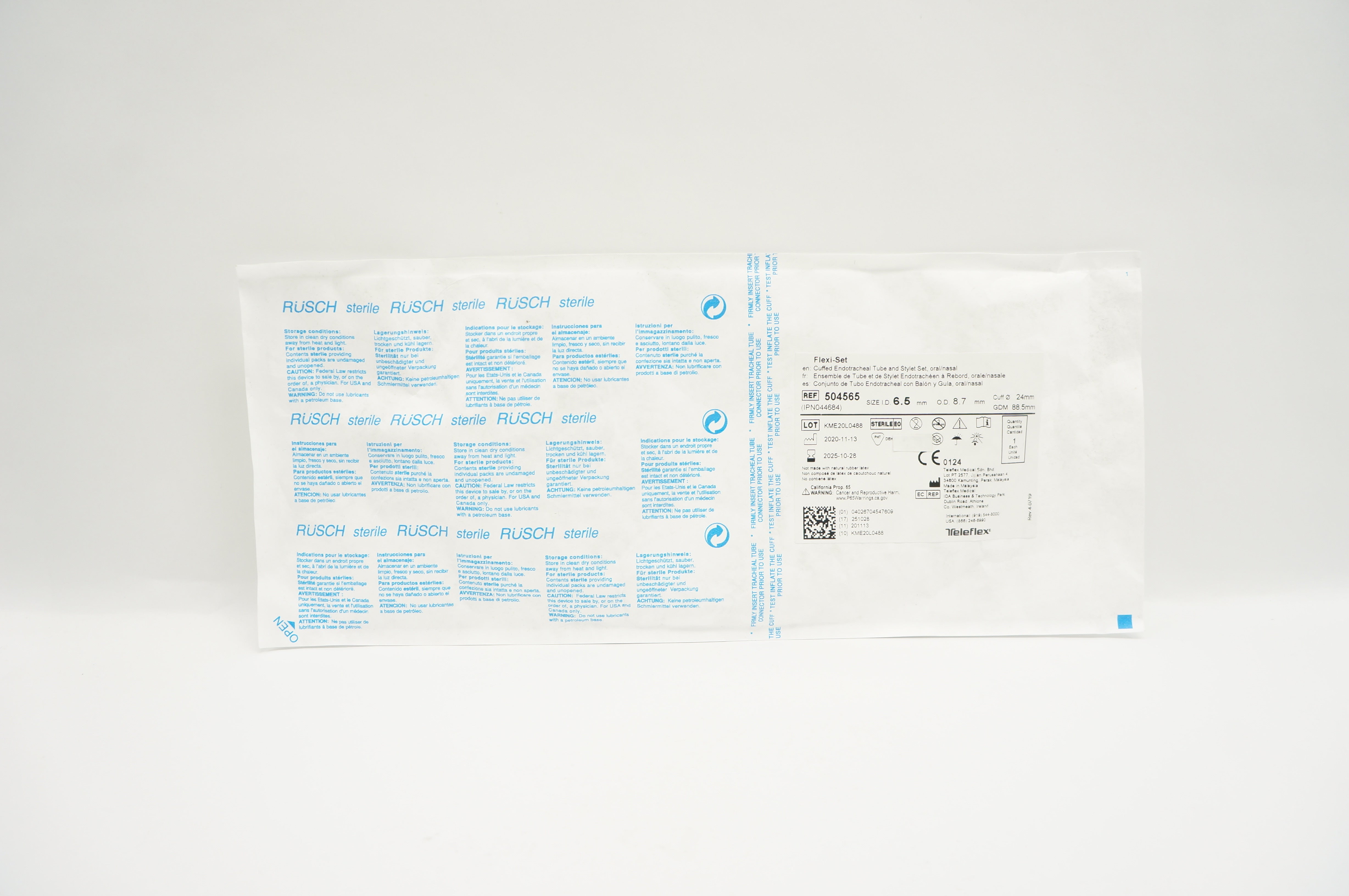 Teleflex 504565 Cuffed Endotracheal Tube Stylet Set 6.5 x 8.7 x 24mm