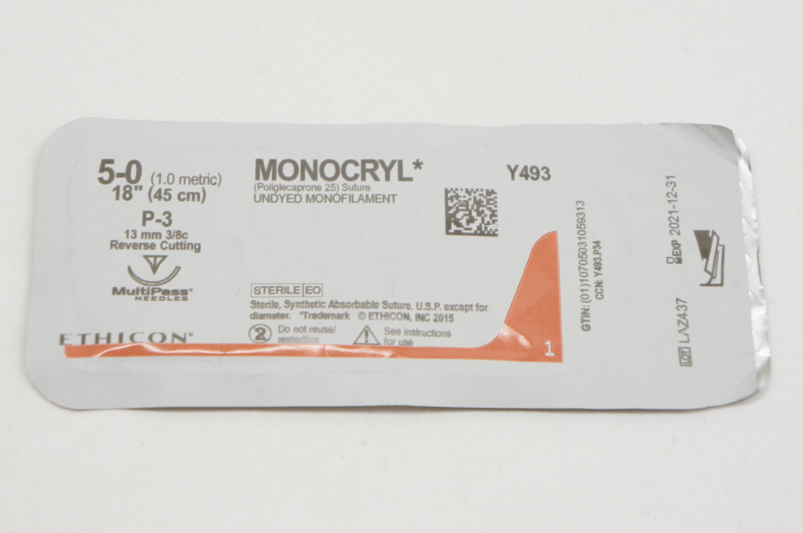 Ethicon Y493 5-0 MONOCRYL, P-3, 13mm 3/8c, 18inch