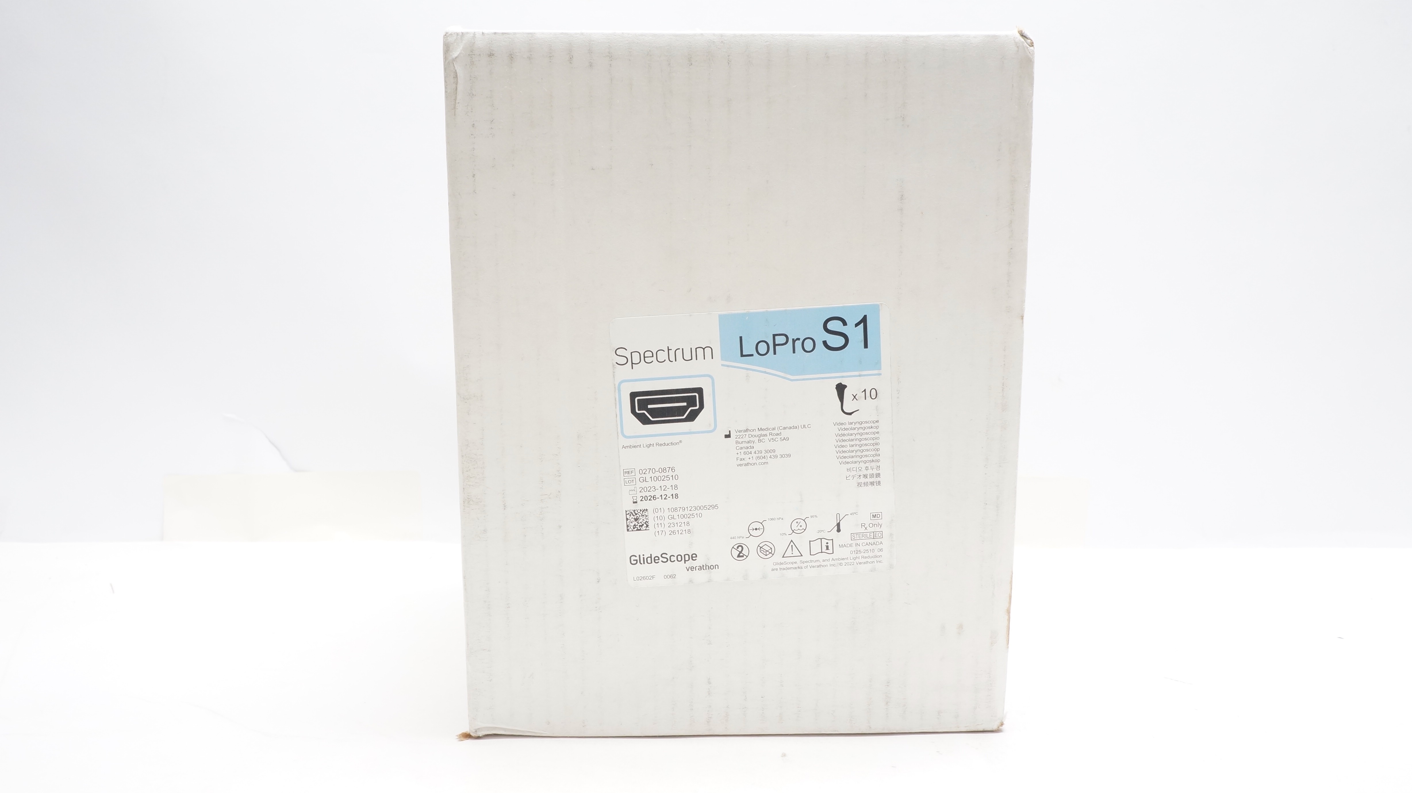 Verathon Medical 0270-0876 GlideScope Video Laryngoscope LoPro S1 - Box of 10