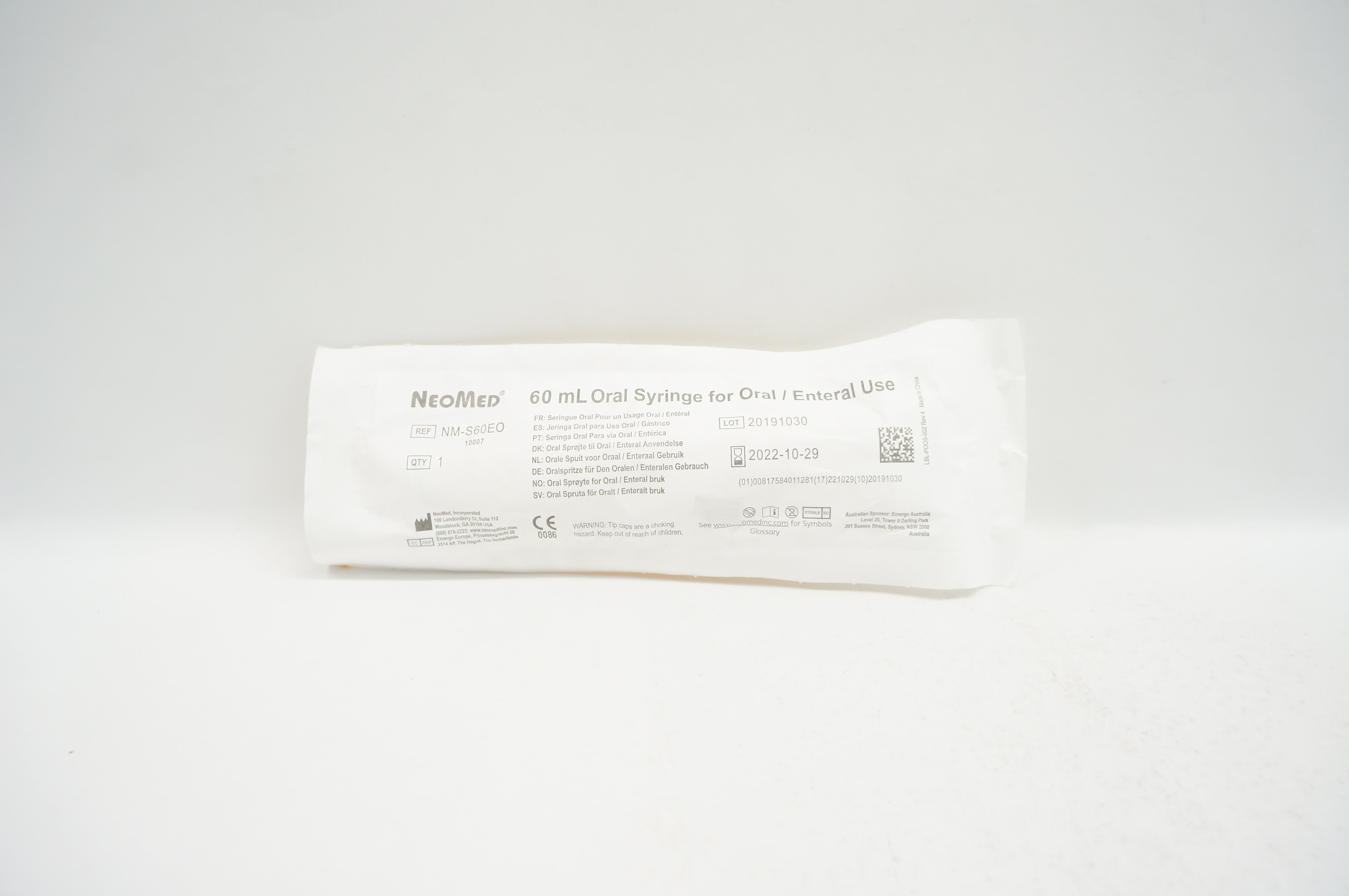 NeoMed NM-S60EO 60mL Oral Syringe for Oral/Enteral Use