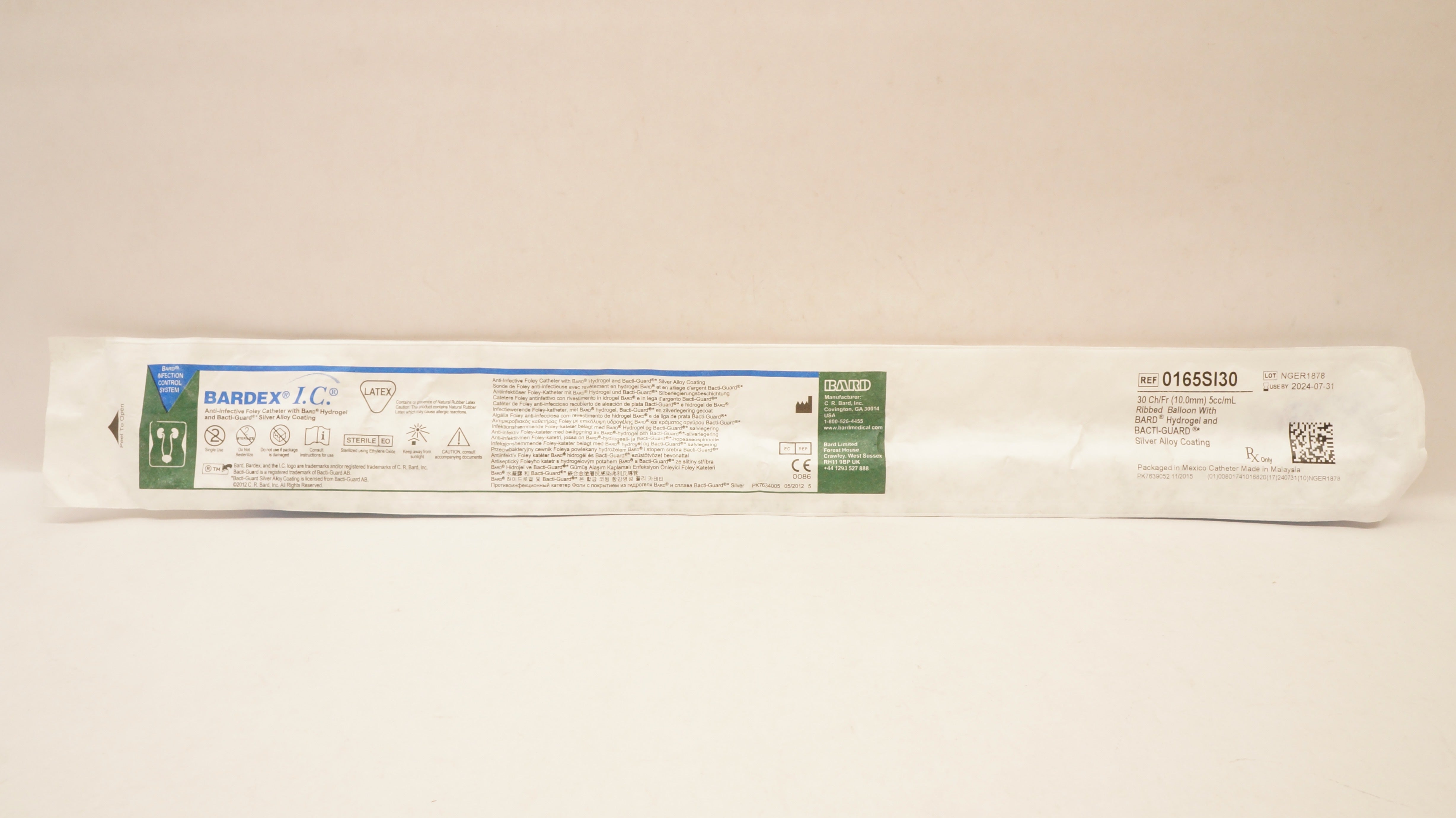 Bard 0165SI30 Bardex Anti-Infective Foley Cath. 30Fr 5cc Ribbed Balloon