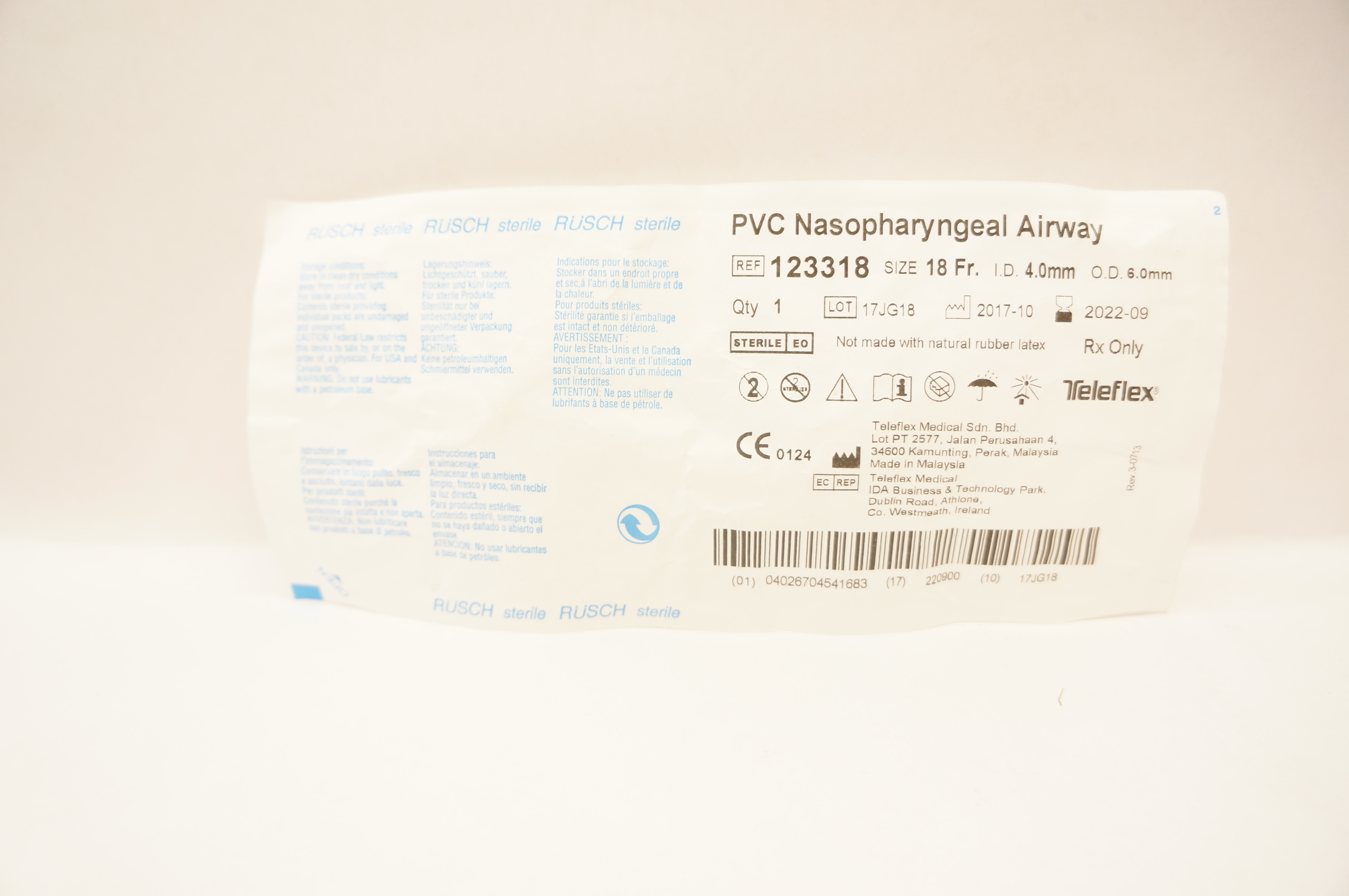 Teleflex 123318 Rusch PVC Nasopharyngeal Airway 18Fr x ID 4.0mm x OD 6.0mm (x)