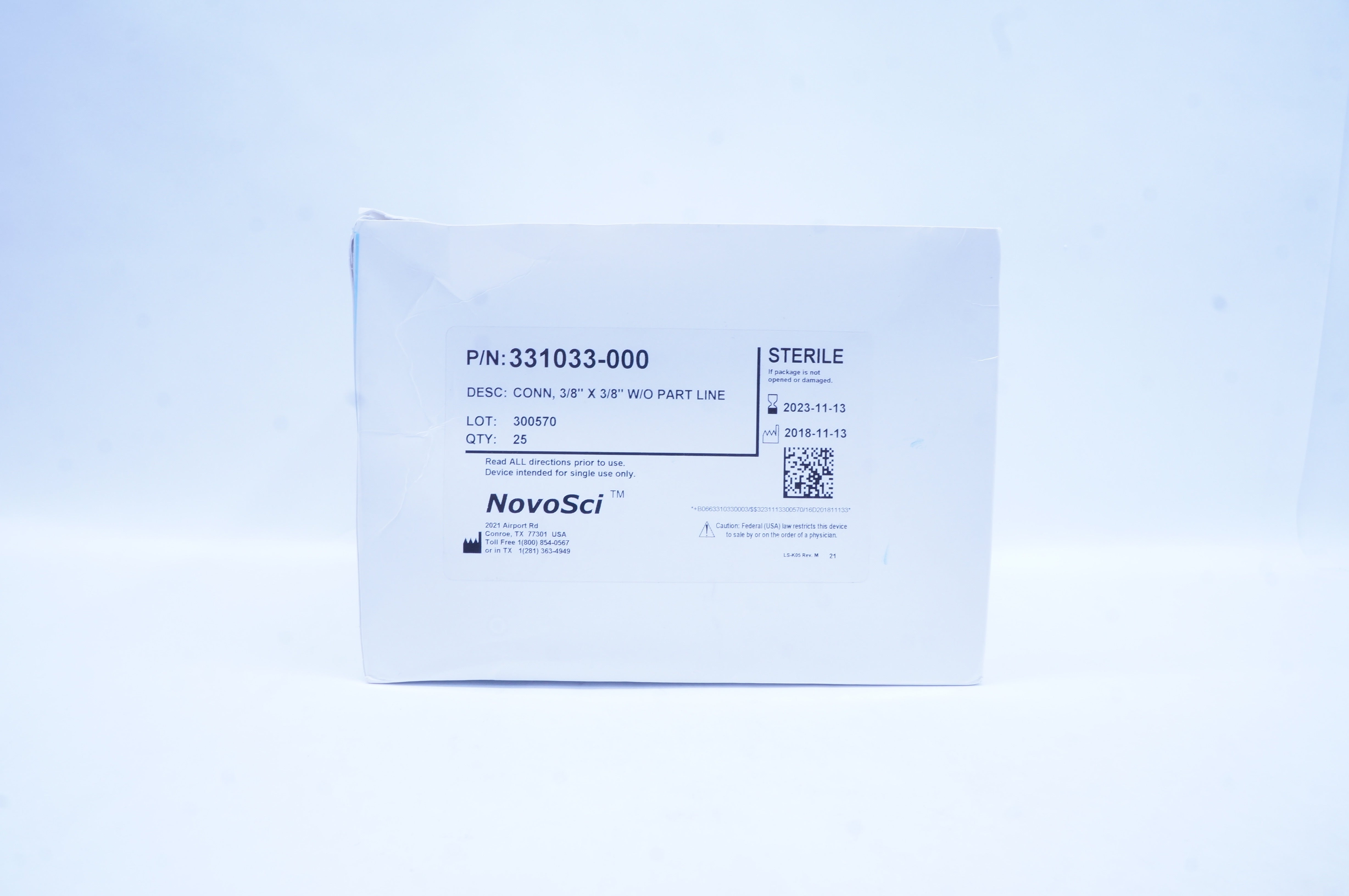 NovoSci 331033-000 DESC: Conn, 3/8inch x 3/8inch W/O Part Line - Box of 25