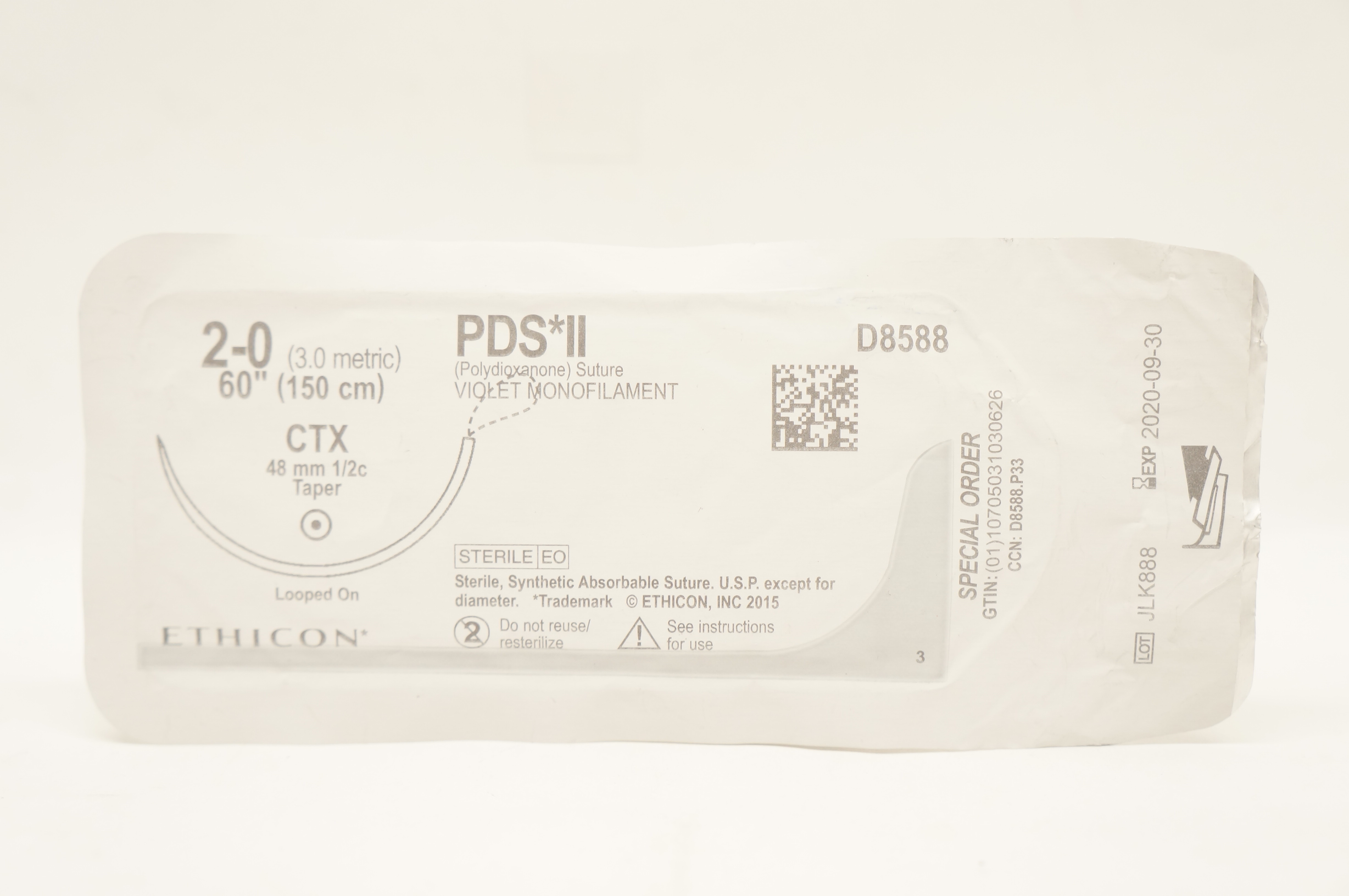 Ethicon D8588 2-0 PDS*II Violet Monofilament CTX 48mm 1/2c Taper 60inch (x)