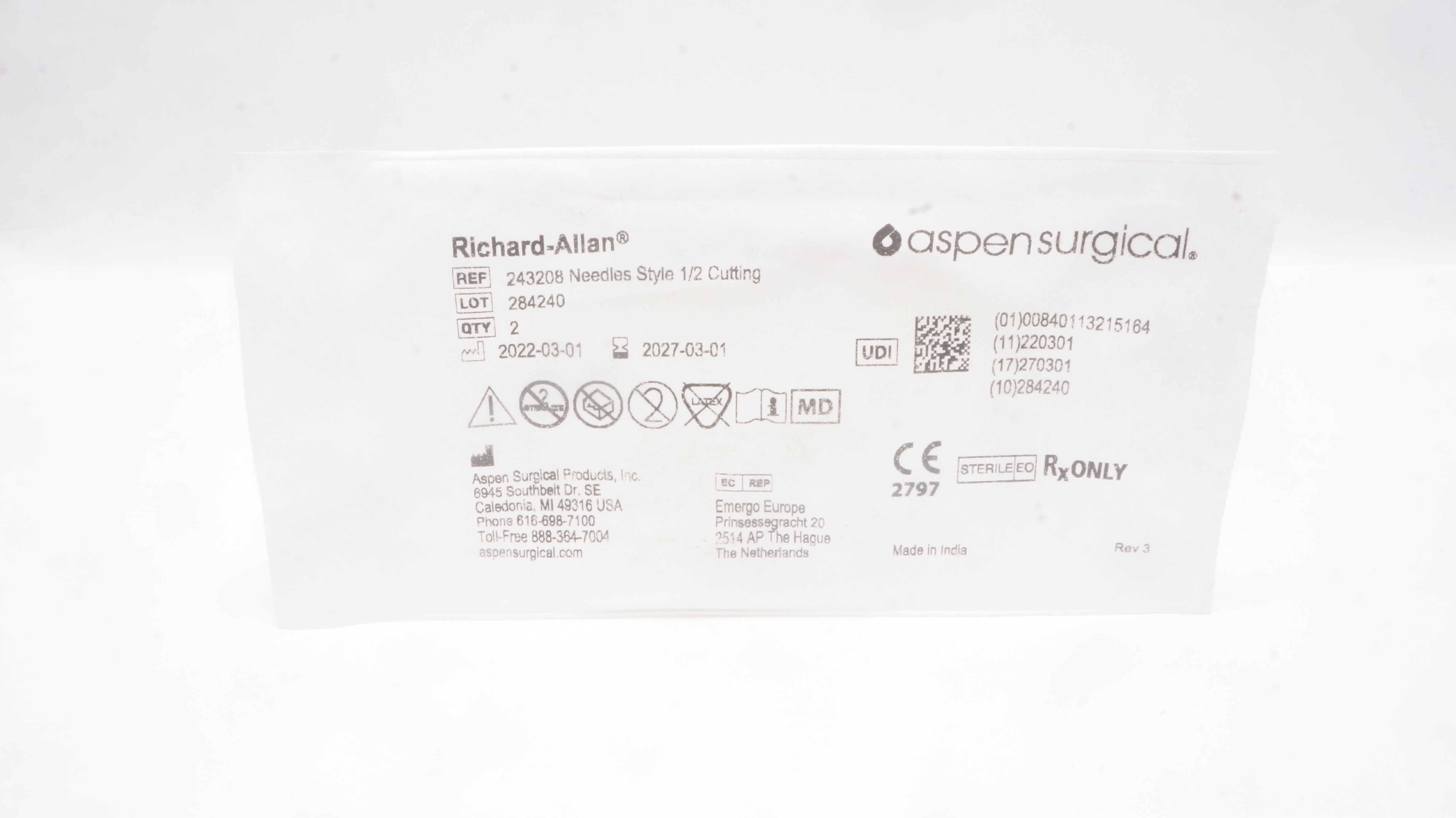 Aspen Surgical 243208 Richard-Allan Ndle 1/2 Cutting - Pack of 2
