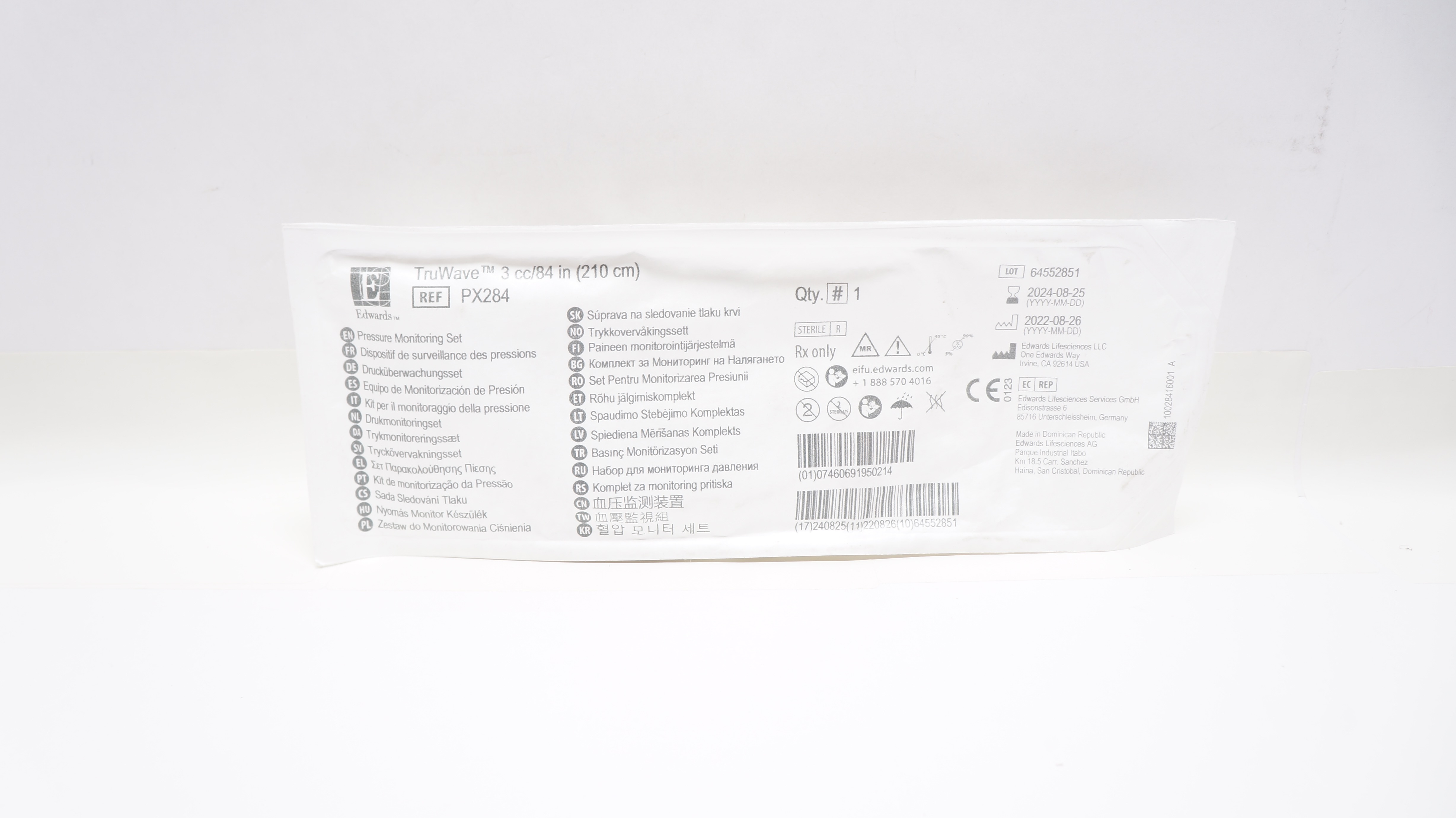 Edwards Lifesciences PX284 TrueWave Pressure Monitoring Set 3cc/84inch