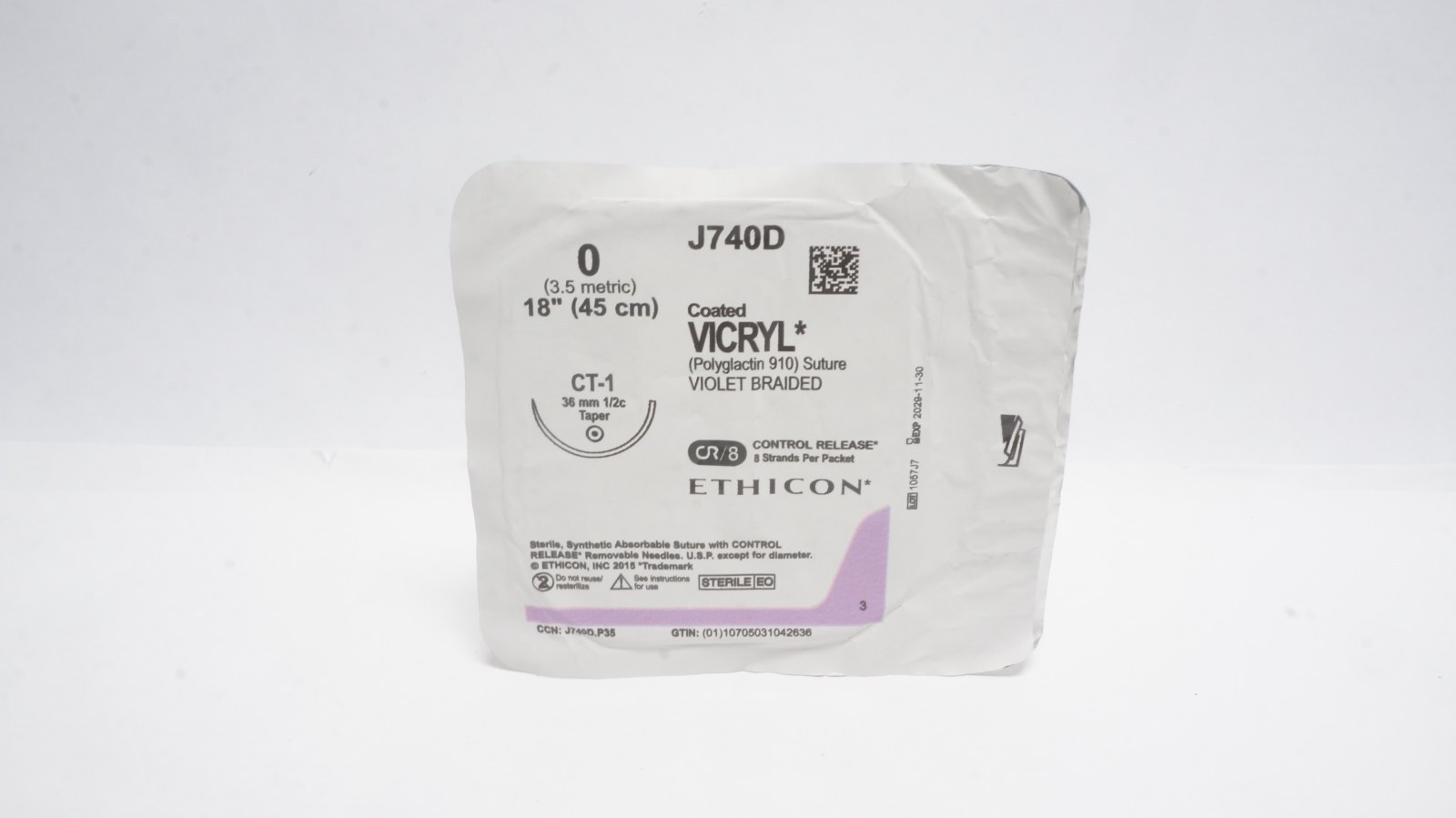 ETHICON J740D Coated VICRYL Suture 0 Violet 18" CT-1