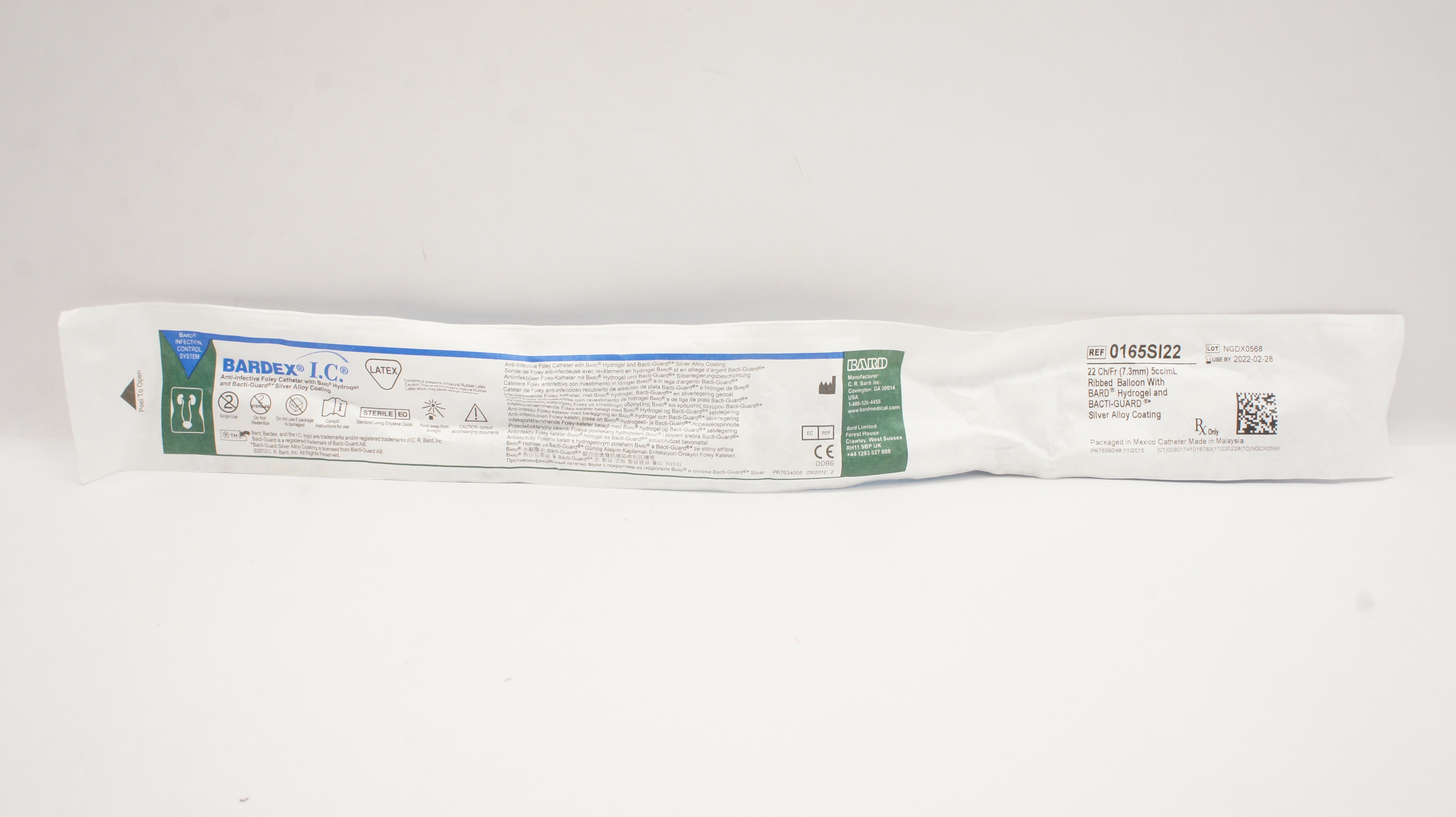 Bard 0165SI22 Bardex Anti-Infective Foley Cath. 22Fr 5cc/mL Ribbed Balloon (x)