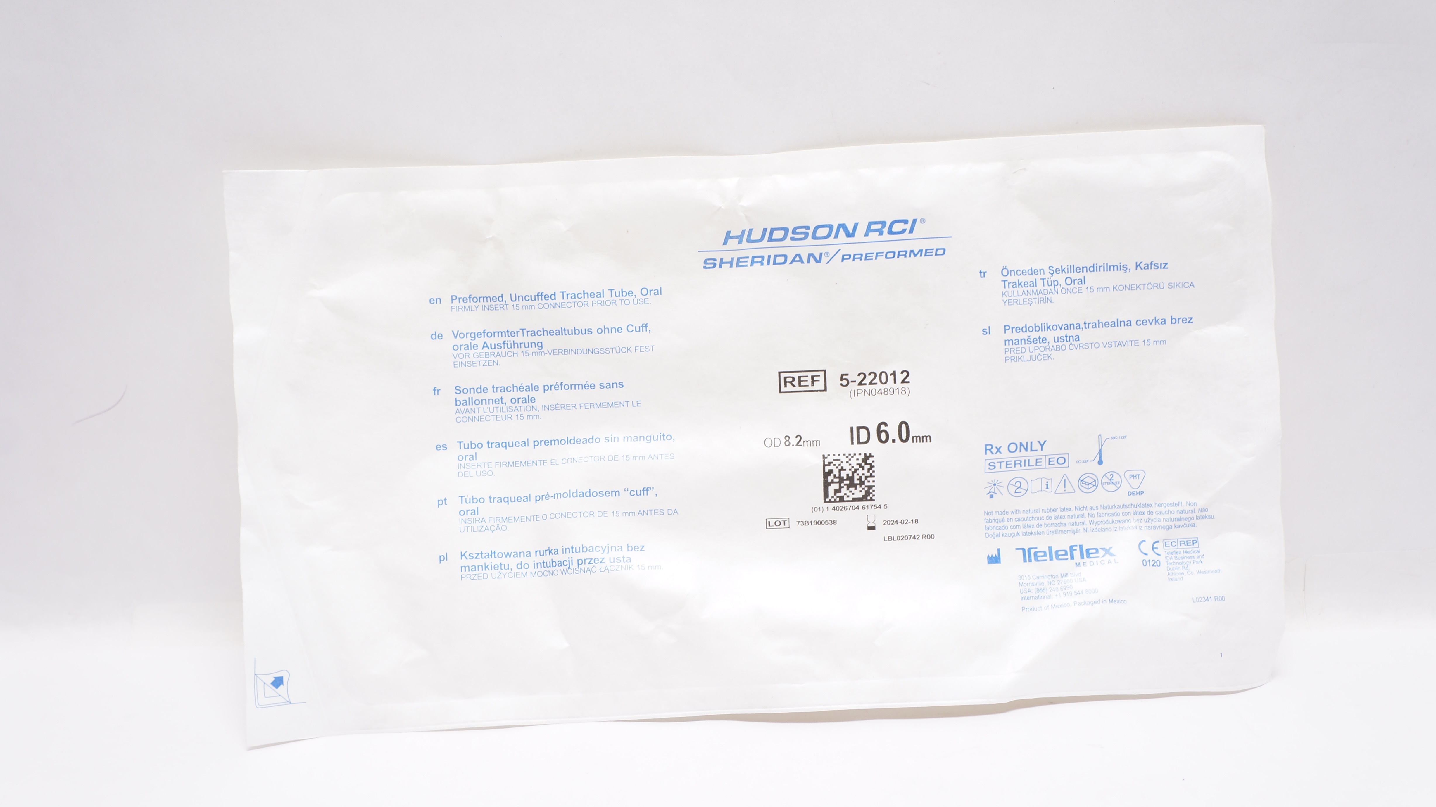 Teleflex 5-22012 Hudson RCI Preformed Uncuffed Tracheal Tube Oral 6.0 x 8.2mm