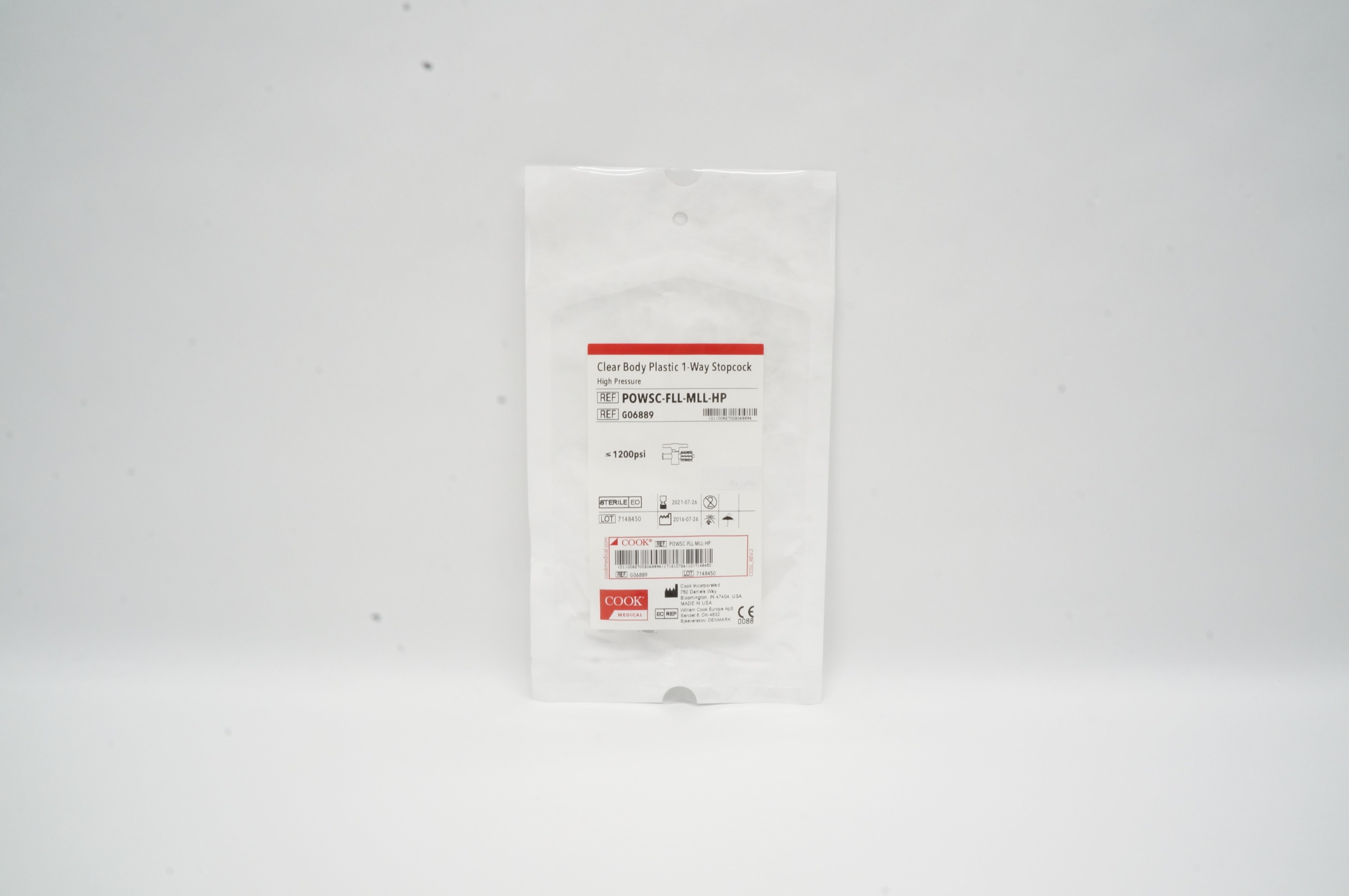Cook Medical G06889 Clear Body Plastic 1-Way Stopcock High Pressure