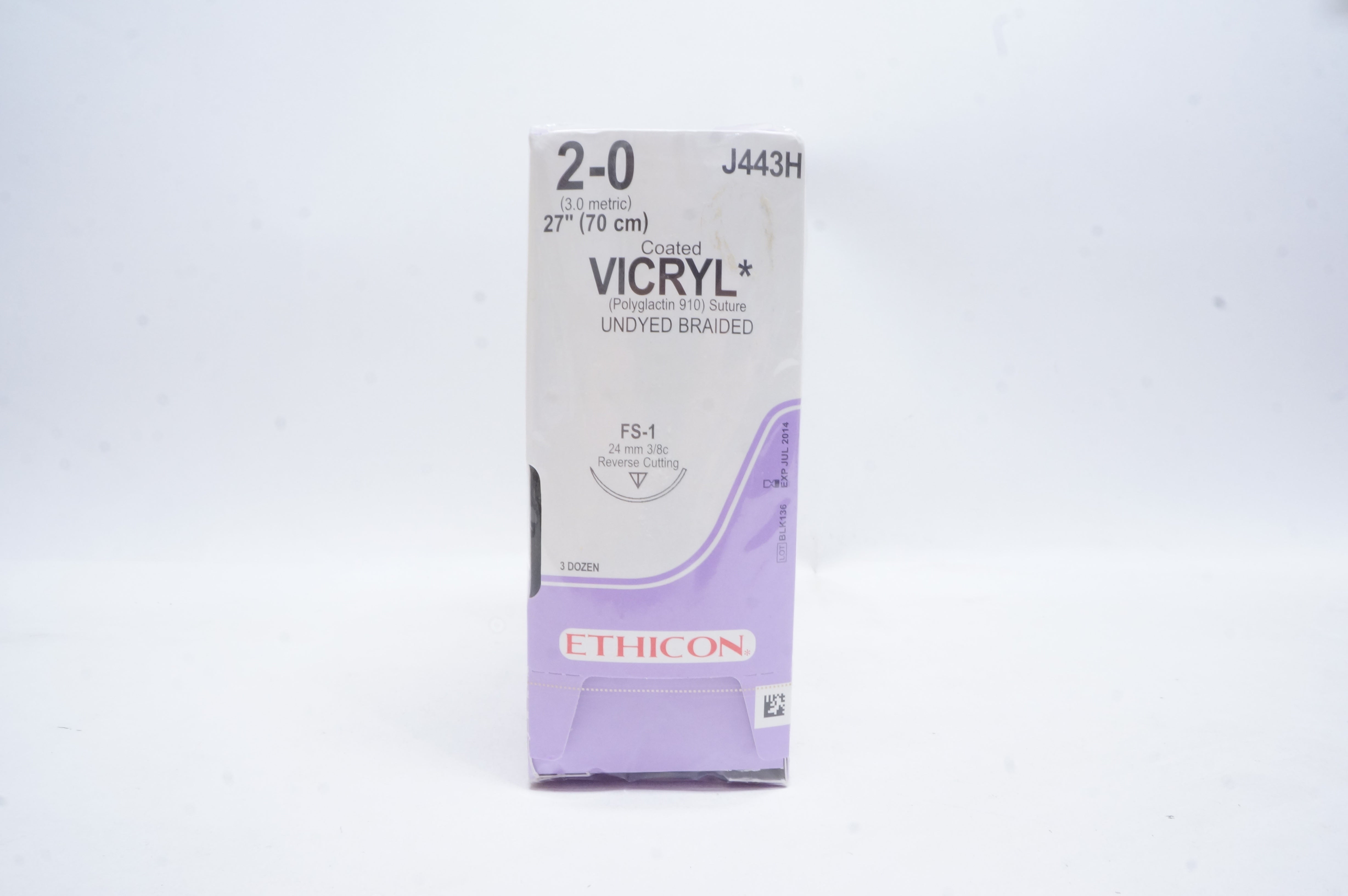 Ethicon J443H 2-0 VICRYL, FS-1, 24mm 3/8c Reverse Cutting, 27inch (x) -Box of 36