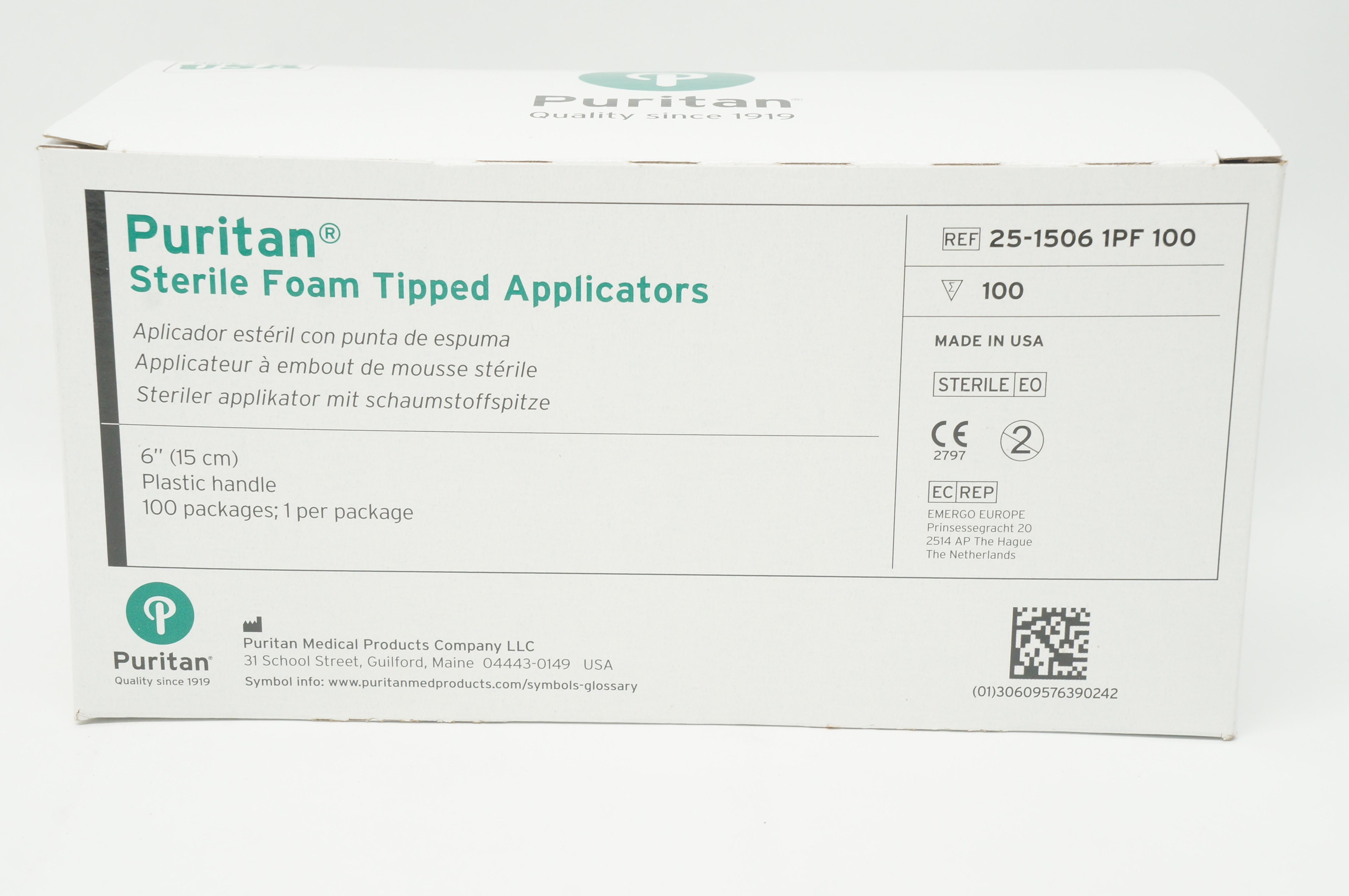 Puritan 25-1506 1PF 100 Foam Tipped Applicators 6in Plastic Handle - Box of 100