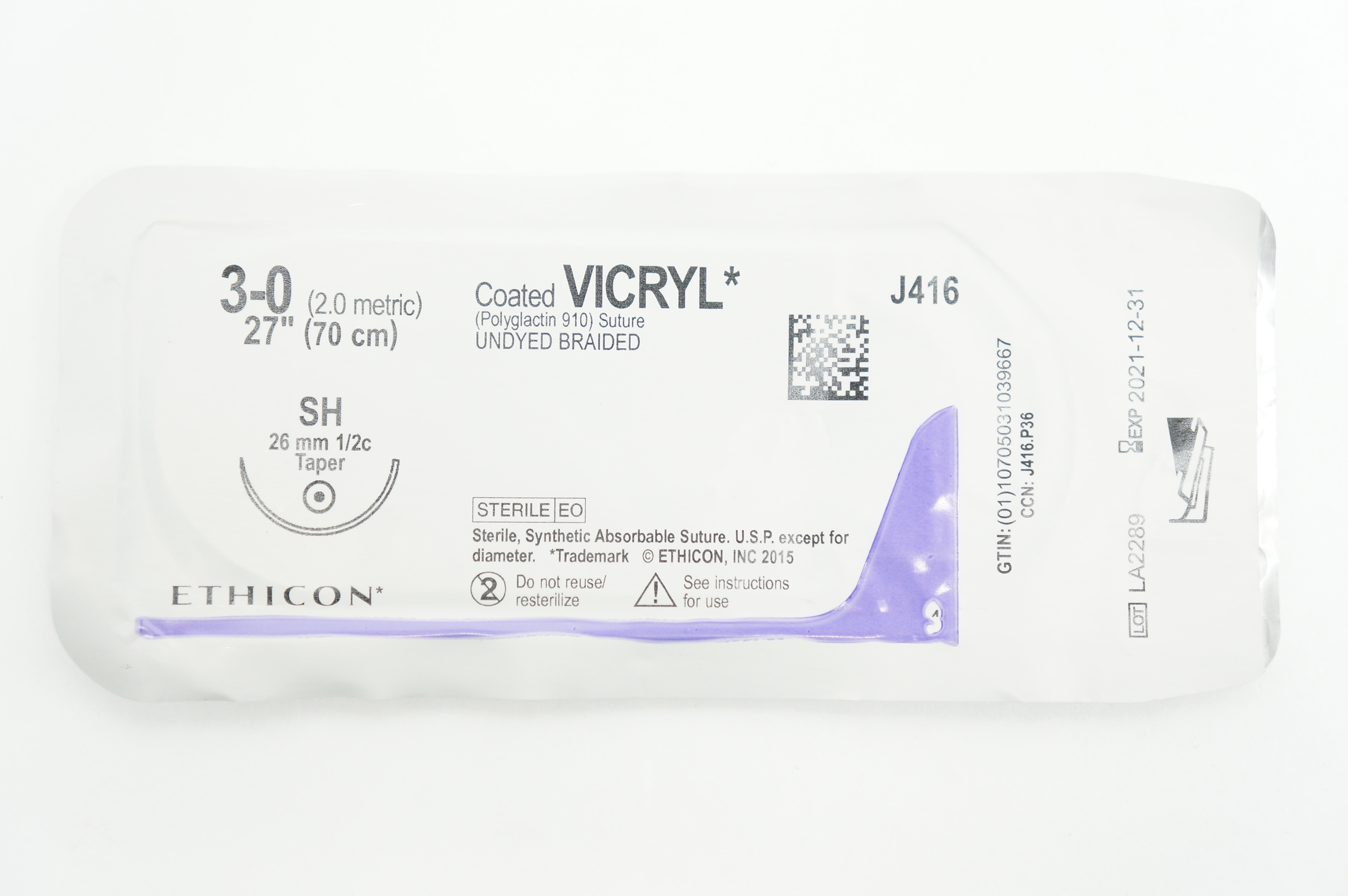 Ethicon J416 3-0 Coated Vicryl Stre SH 26mm 1/2c Taper 27 inch